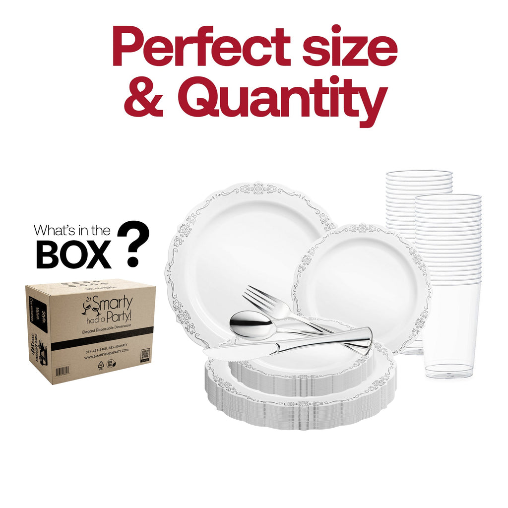 White with Silver Vintage Rim Round Disposable Plastic Wedding Value Set