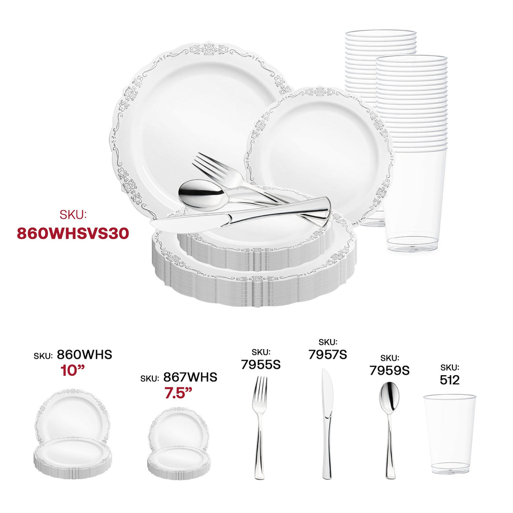 White with Silver Vintage Rim Round Disposable Plastic Wedding Value Set