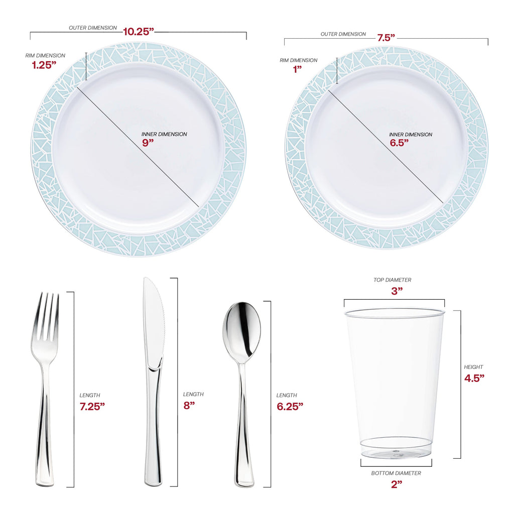 White with Turquoise Blue and Silver Mosaic Rim Round Plastic Wedding Value Set