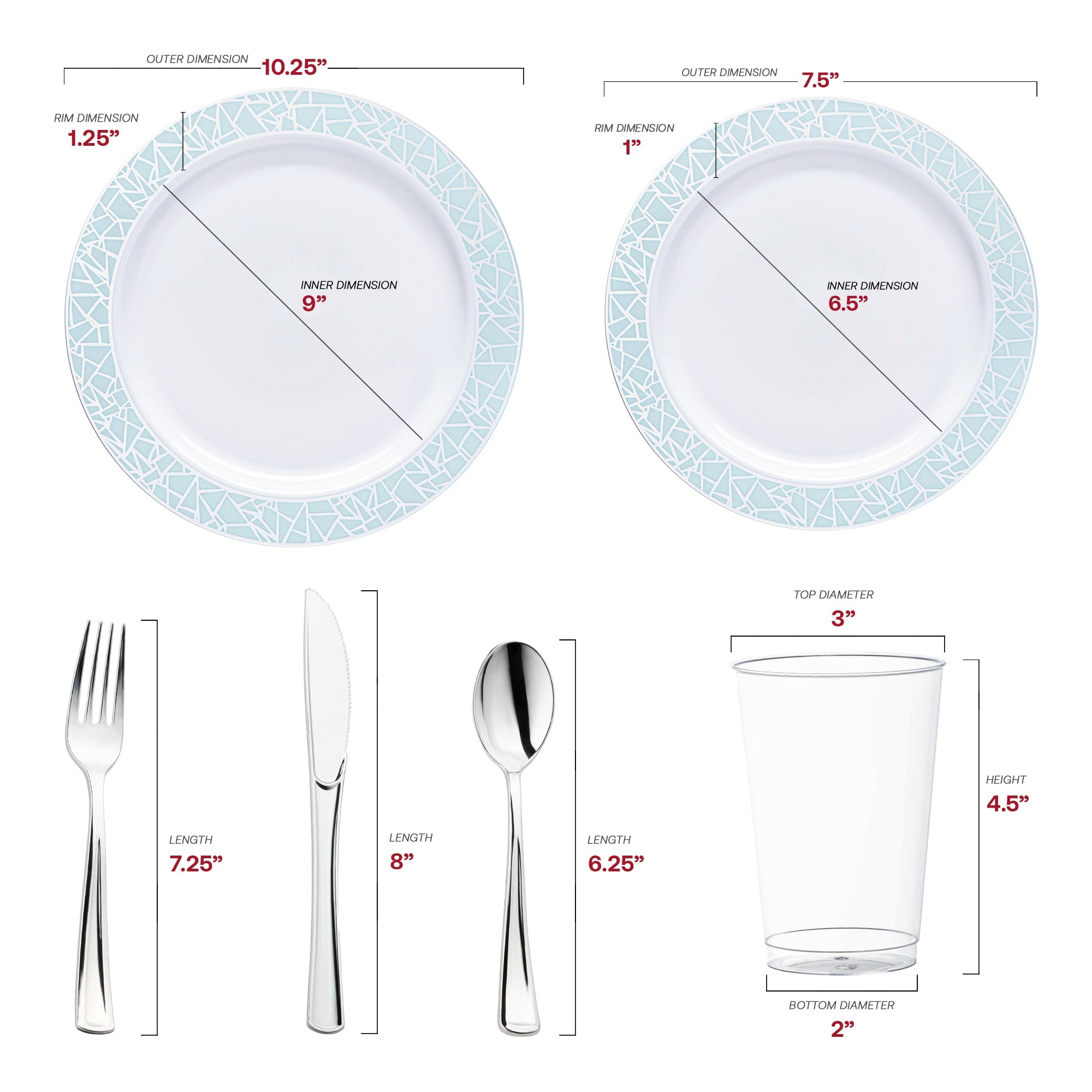 White with Turquoise Blue and Silver Mosaic Rim Round Plastic Wedding Value Set