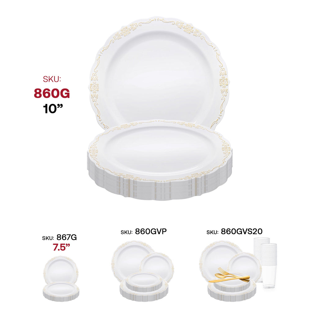 White with Gold Vintage Rim Round Disposable Plastic Dinner Plates (10")