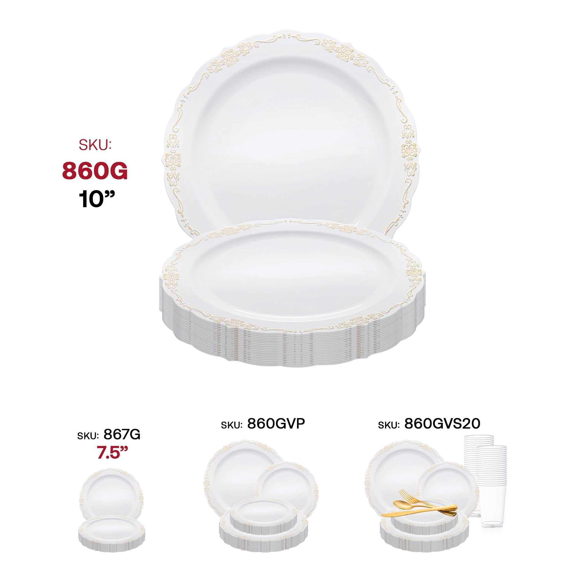 White with Gold Vintage Rim Round Disposable Plastic Dinner Plates (10")