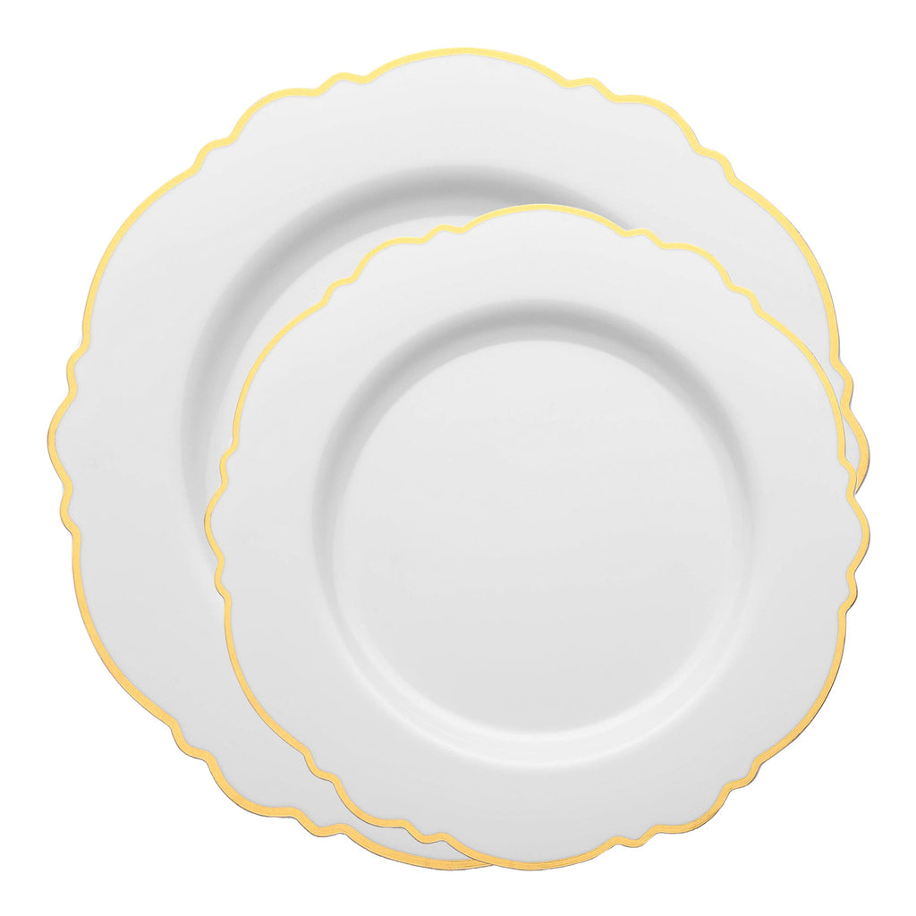 White with Gold Rim Round Blossom Disposable Plastic Dinnerware Value Set