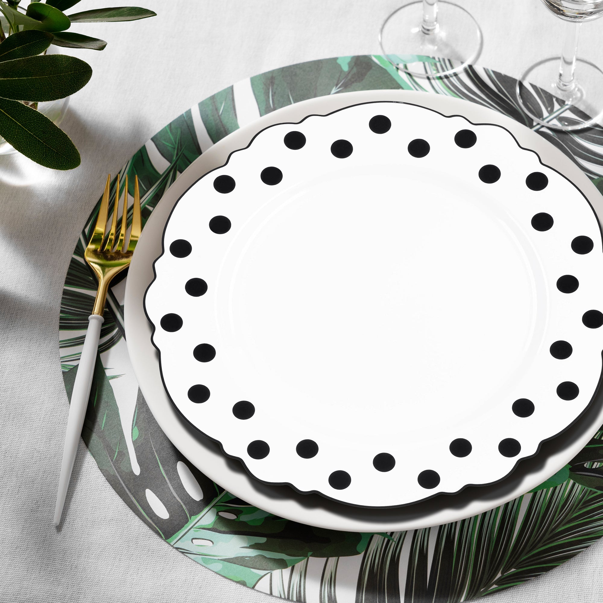 White with Black Dots Round Blossom Disposable Plastic Dinner Plates (10.25")