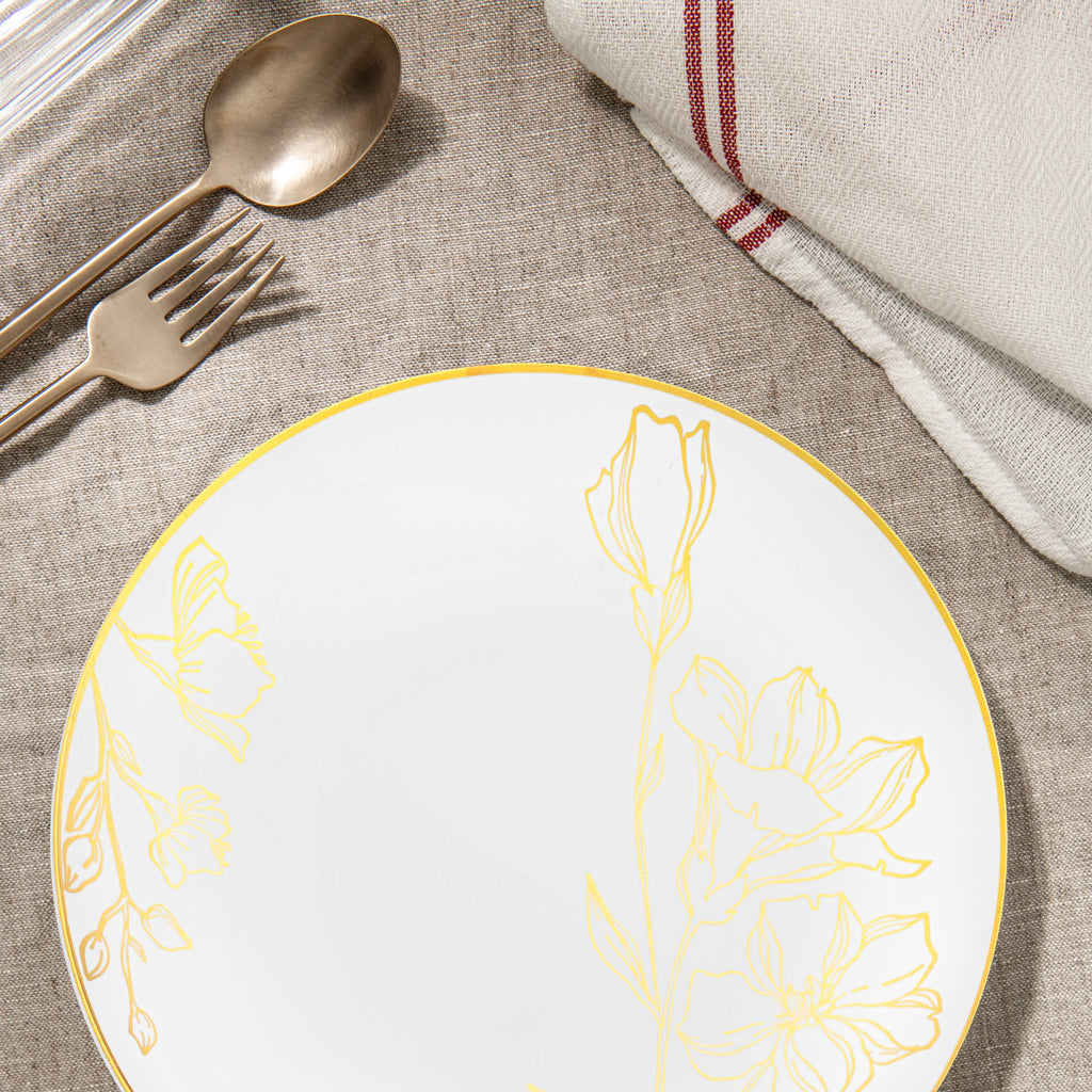 White with Gold Antique Floral Round Disposable Plastic Dinner Plates (10.25")