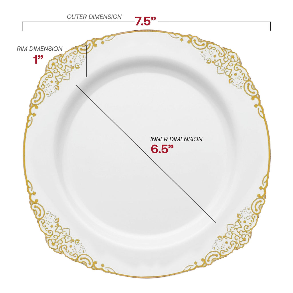 White with Gold Fancy Round Disposable Plastic Salad Plates (7.5”)