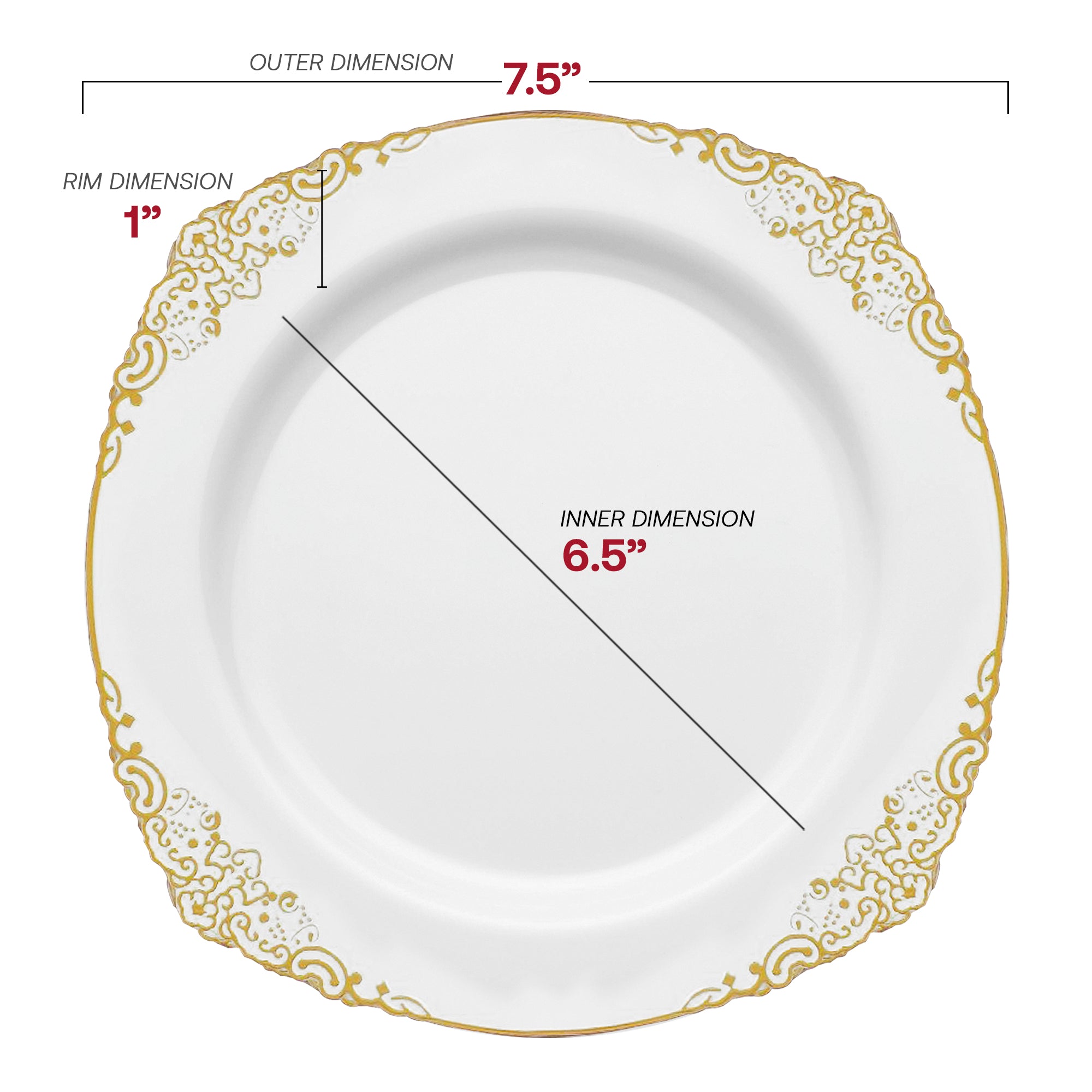 White with Gold Fancy Round Disposable Plastic Salad Plates (7.5”)