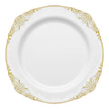 White with Gold Fancy Round Disposable Plastic Salad Plates (7.5”)