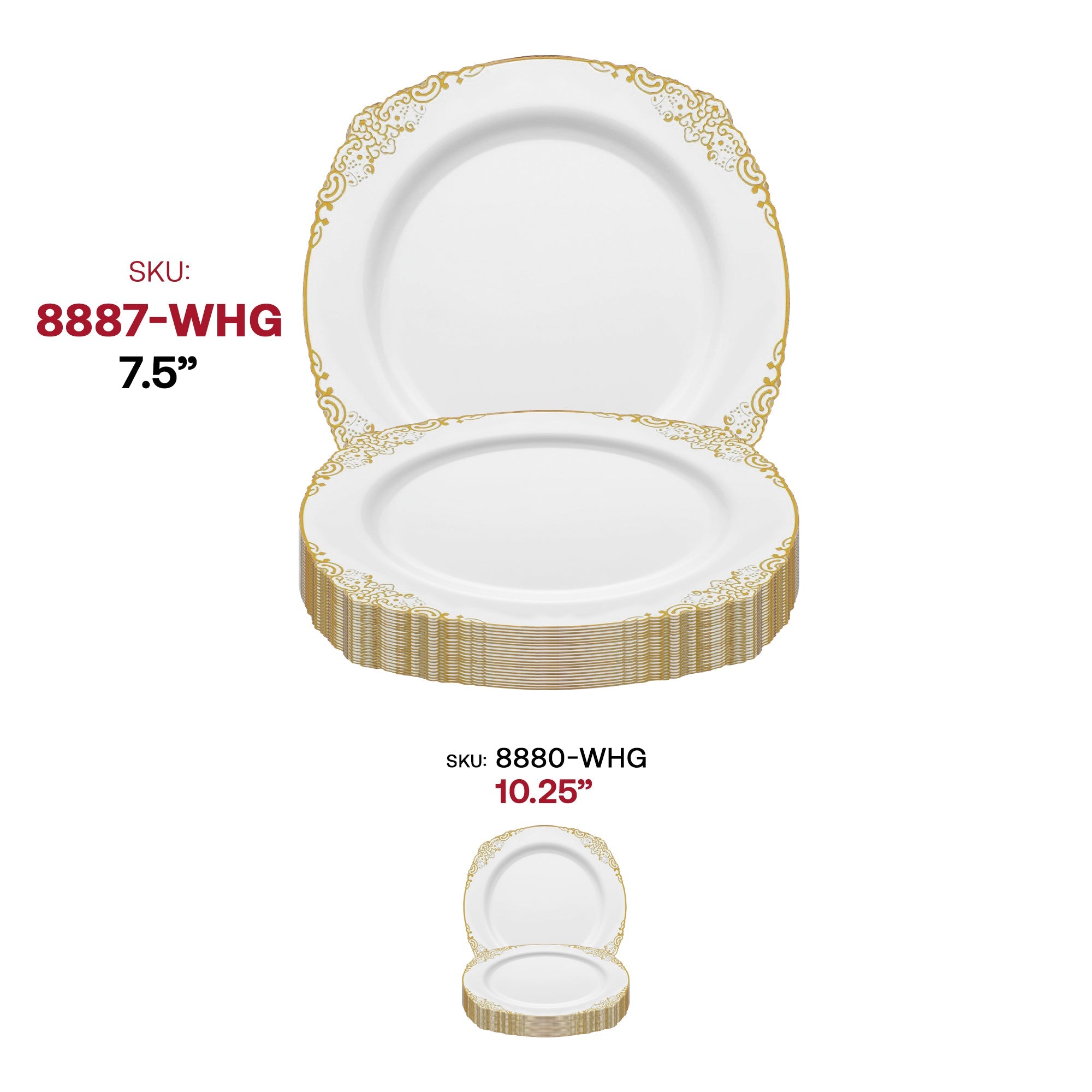 White with Gold Fancy Round Disposable Plastic Salad Plates (7.5”)