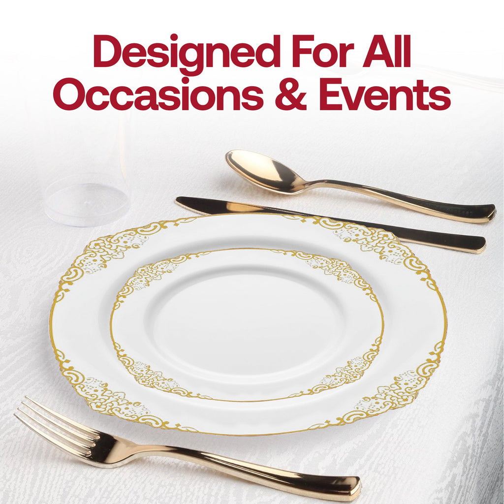 White with Gold Fancy Round Disposable Plastic Salad Plates (7.5”)