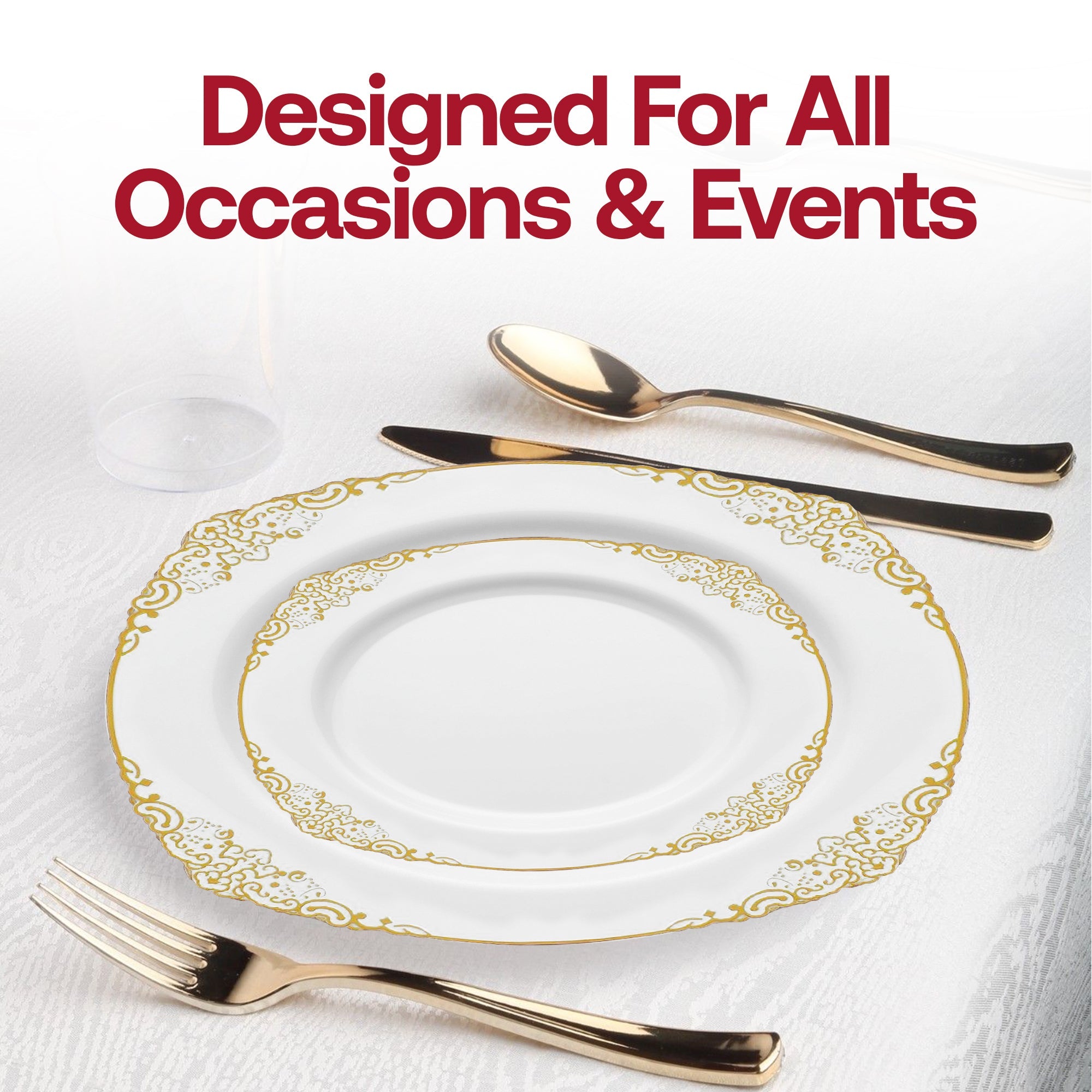 White with Gold Fancy Round Disposable Plastic Salad Plates (7.5”)