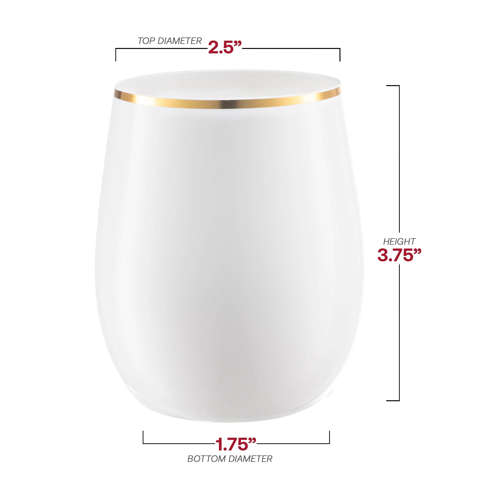 White with Gold Elegant Stemless Plastic Wine Glasses (12 oz. )