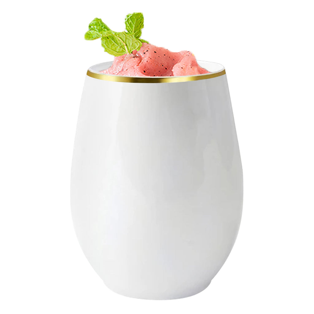White with Gold Elegant Stemless Plastic Wine Glasses (12 oz. )