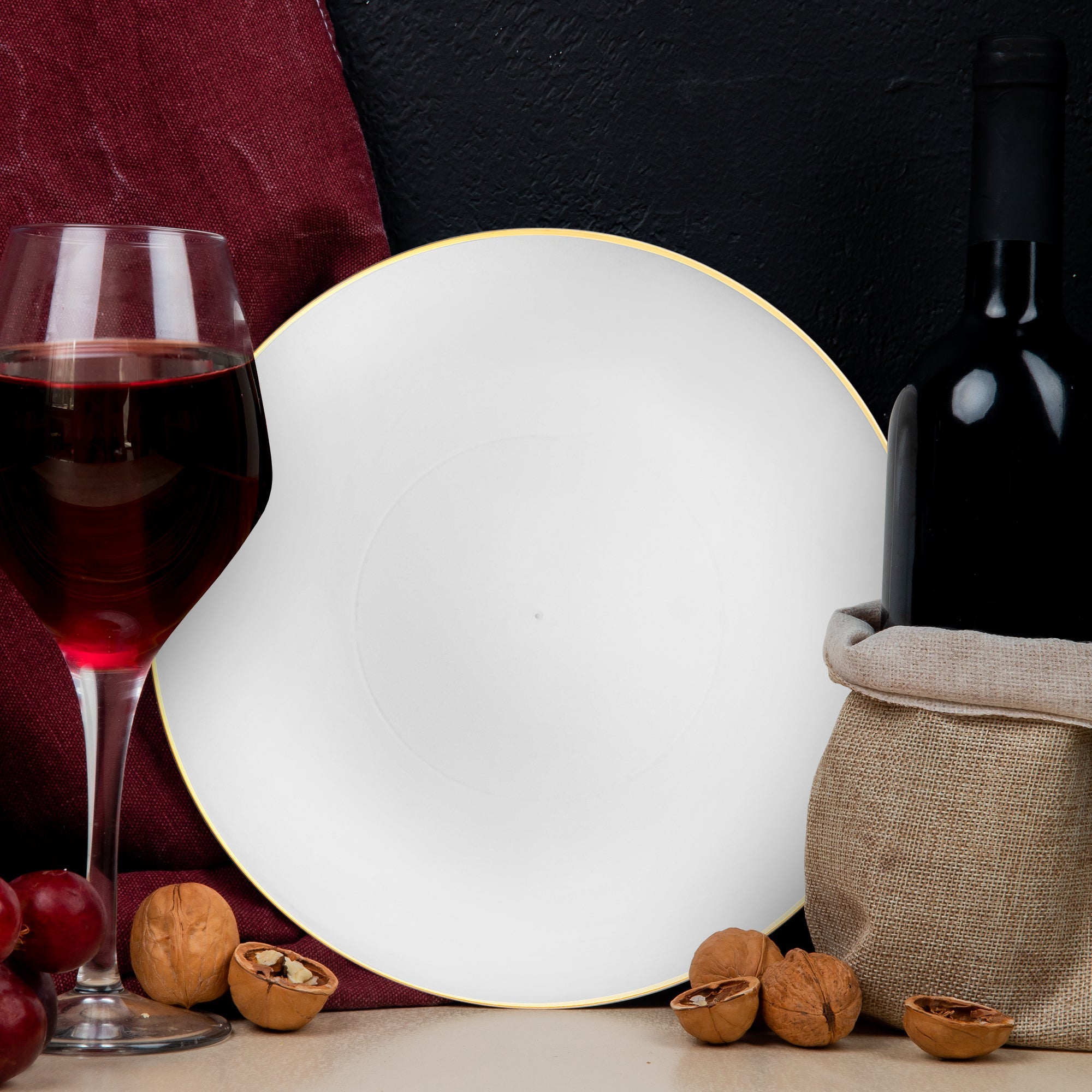 White with Gold Rim Organic Round Disposable Plastic Dinner Plates (10.25")