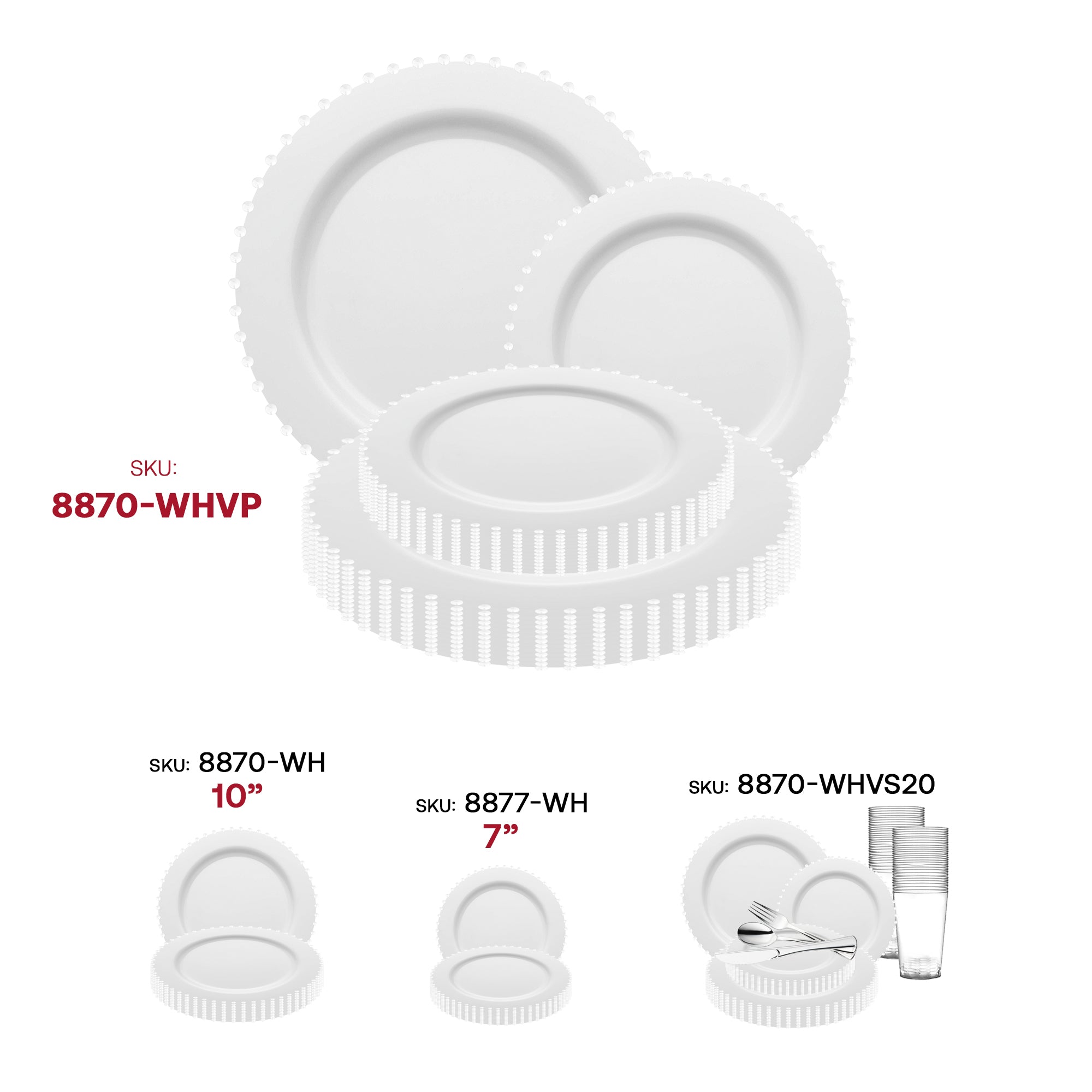 White Pearl String Round Disposable Plastic Dinnerware Value Set