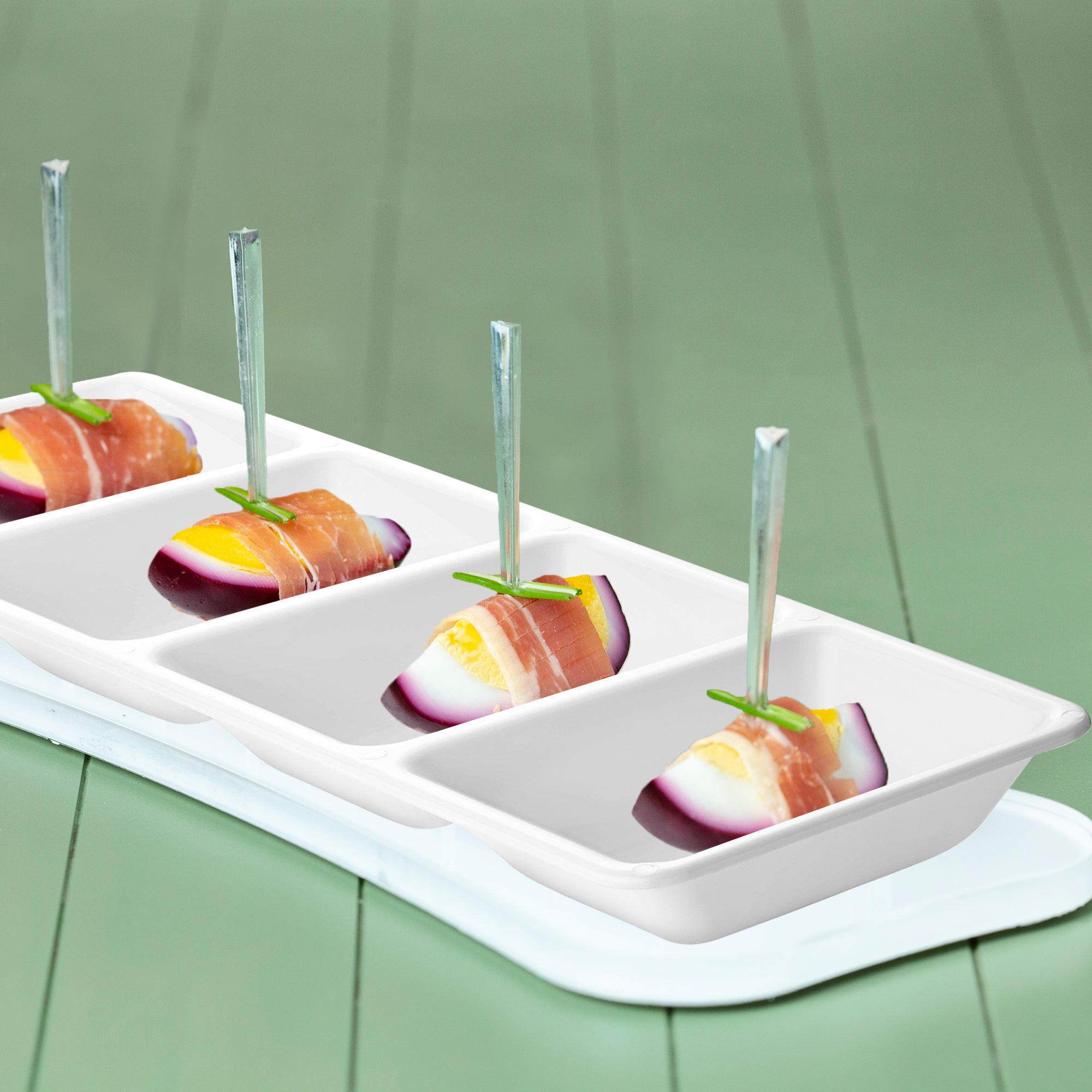 16" x 5" White 4-Section Rectangular Disposable Plastic Trays