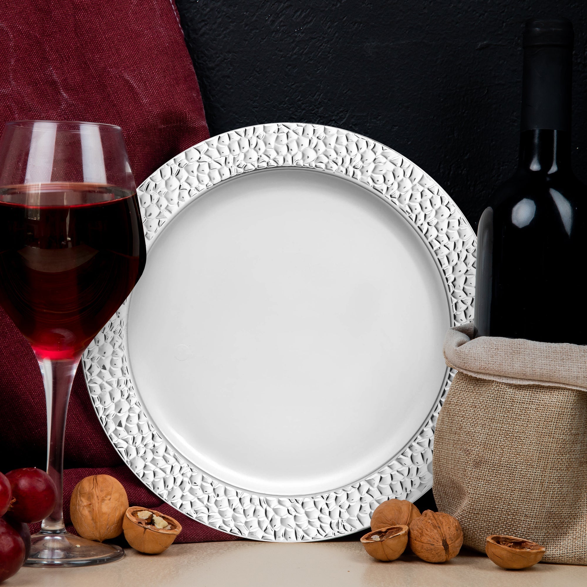 White with Silver Hammered Rim Round Plastic Appetizer/Salad Plates (7.5")