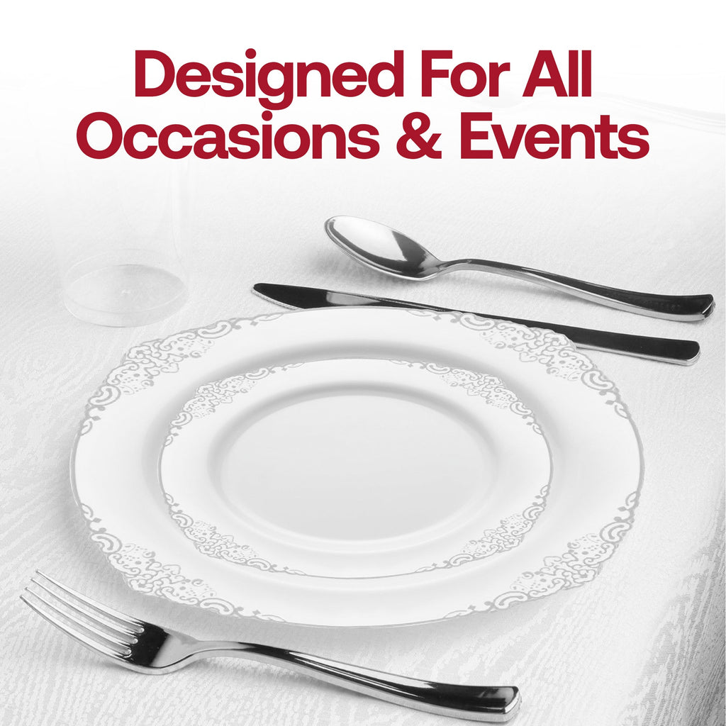 White with Silver Fancy Round Disposable Plastic Salad Plates (7.5”)