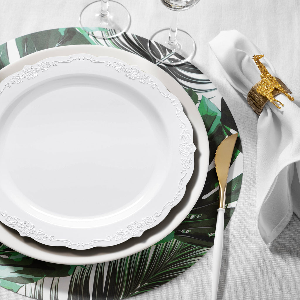 White Vintage Round Disposable Plastic Dinner Plates (10")