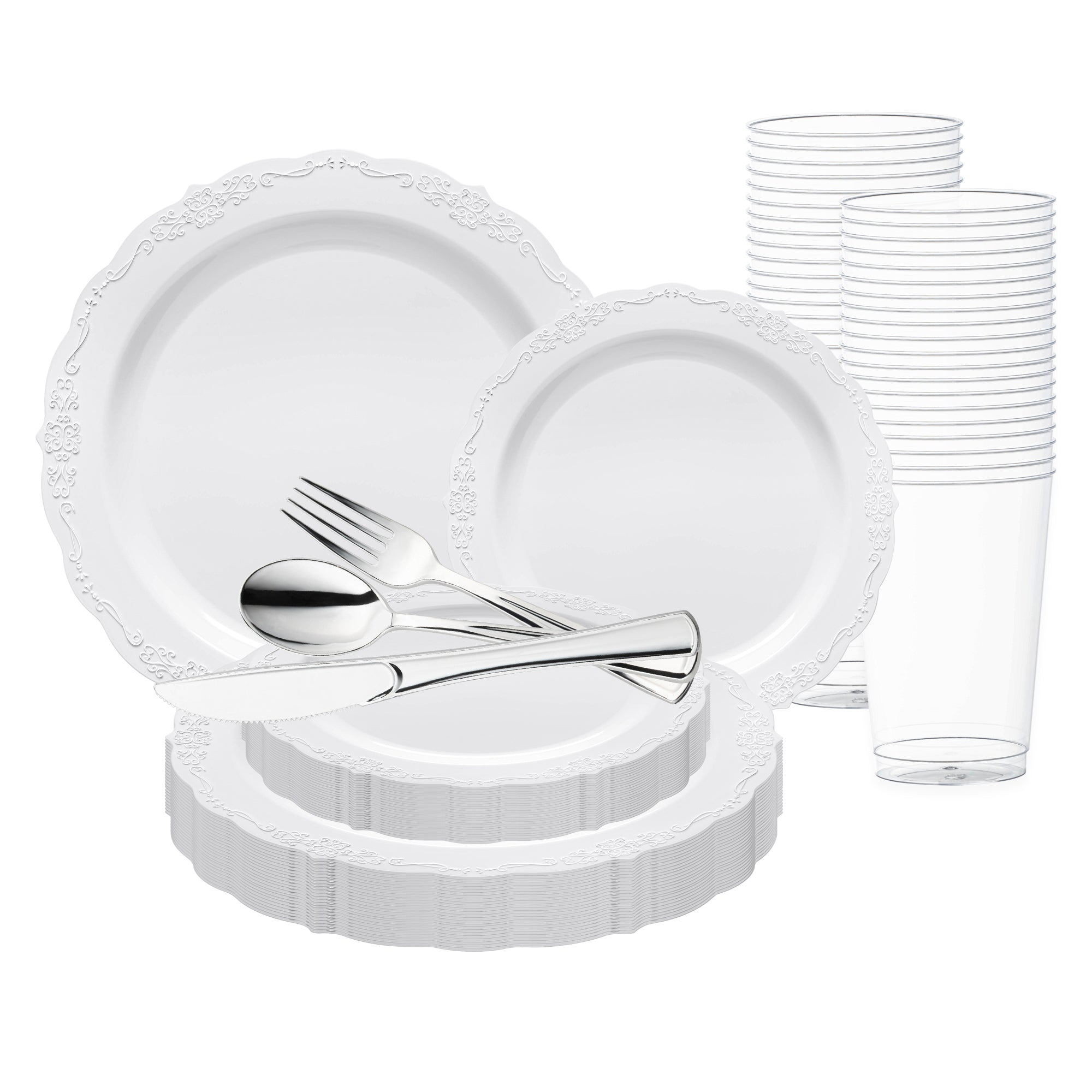 White Vintage Round Disposable Plastic Wedding Value Set