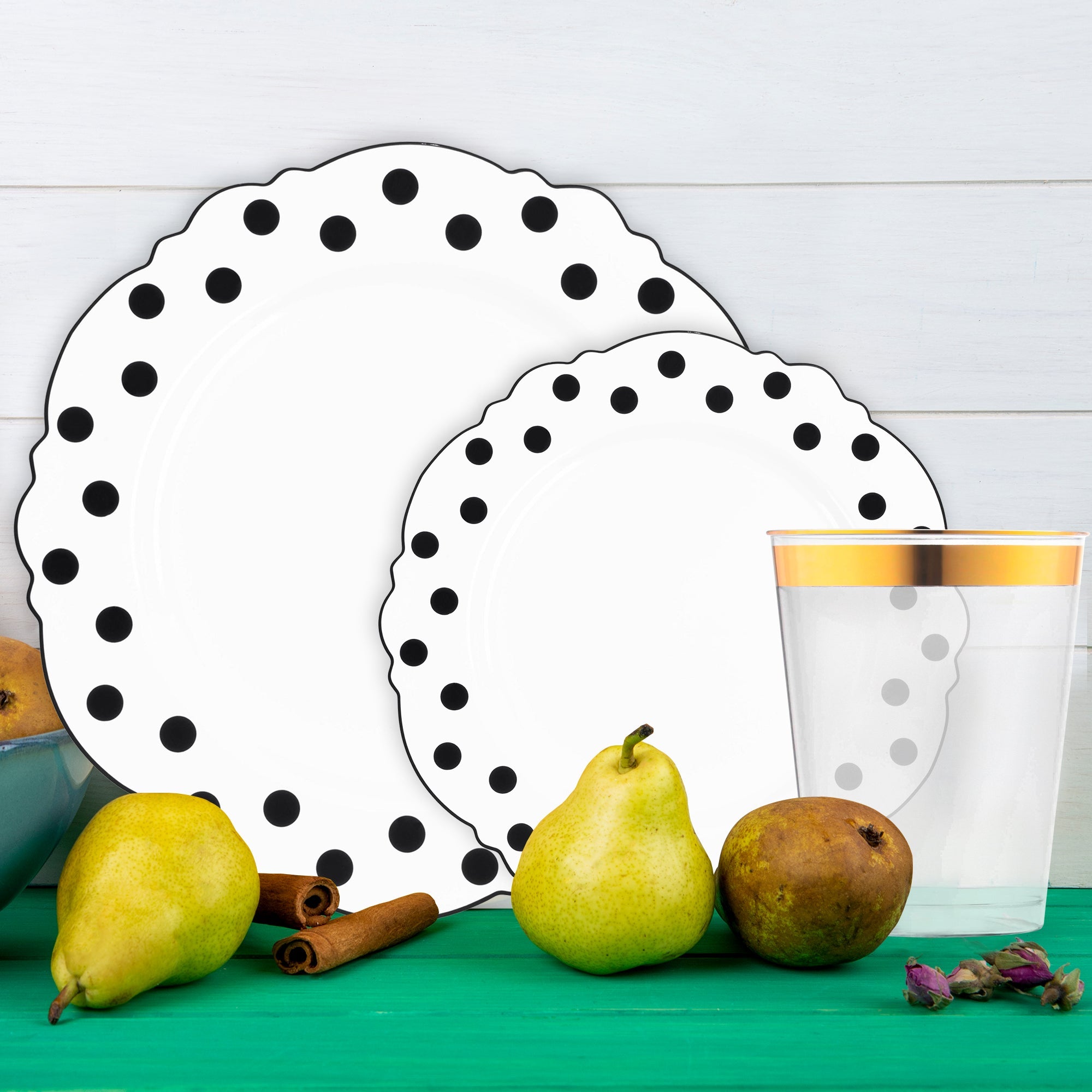 White with Black Blossom Dots Disposable Plastic Tableware Set