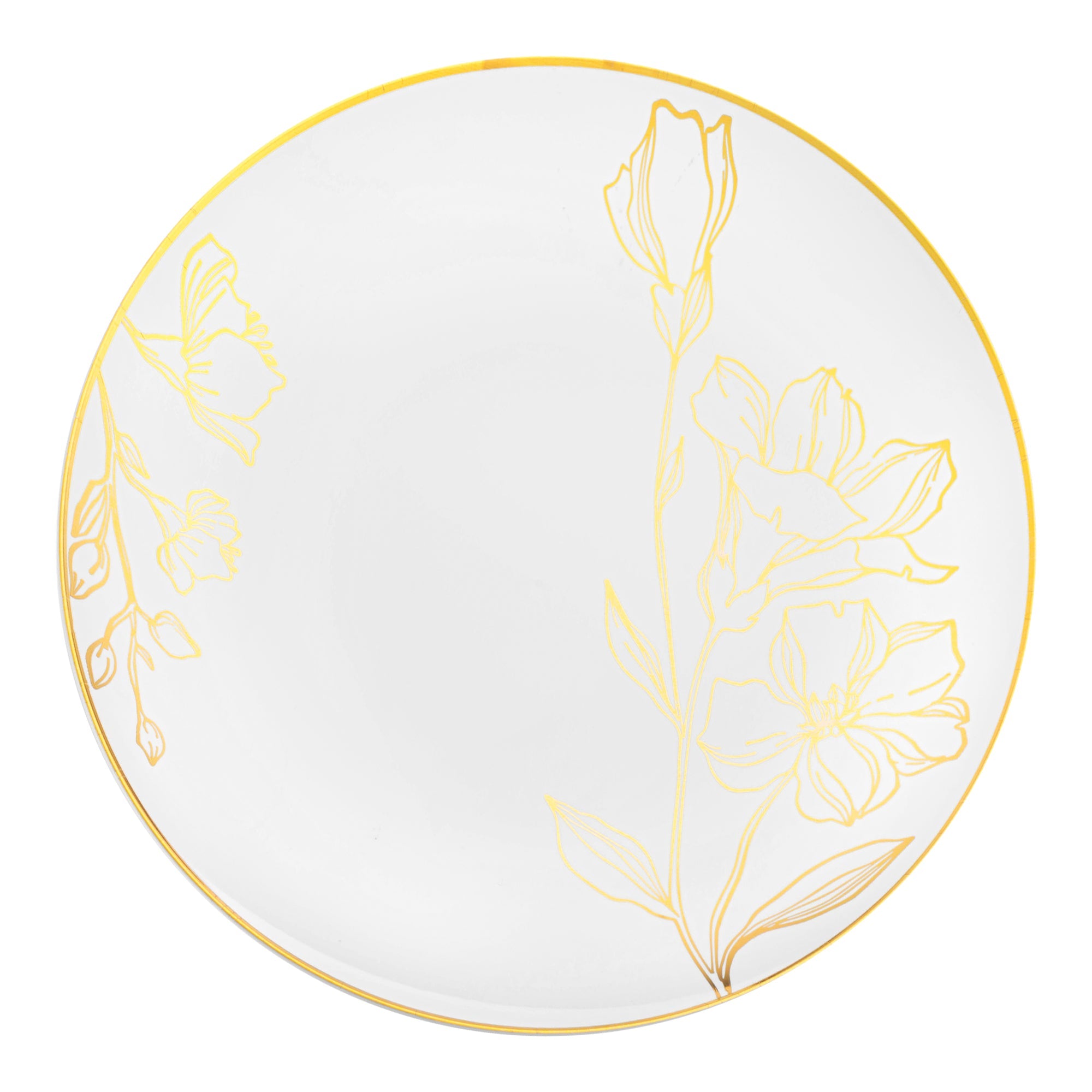 White with Gold Antique Floral Round Disposable Plastic Dinner Plates (10.25")