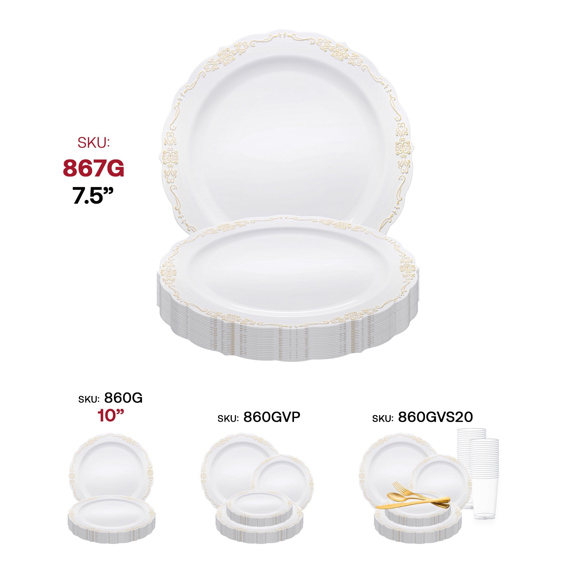 White with Gold Vintage Rim Round Disposable Plastic Appetizer/Salad Plates (7.5")