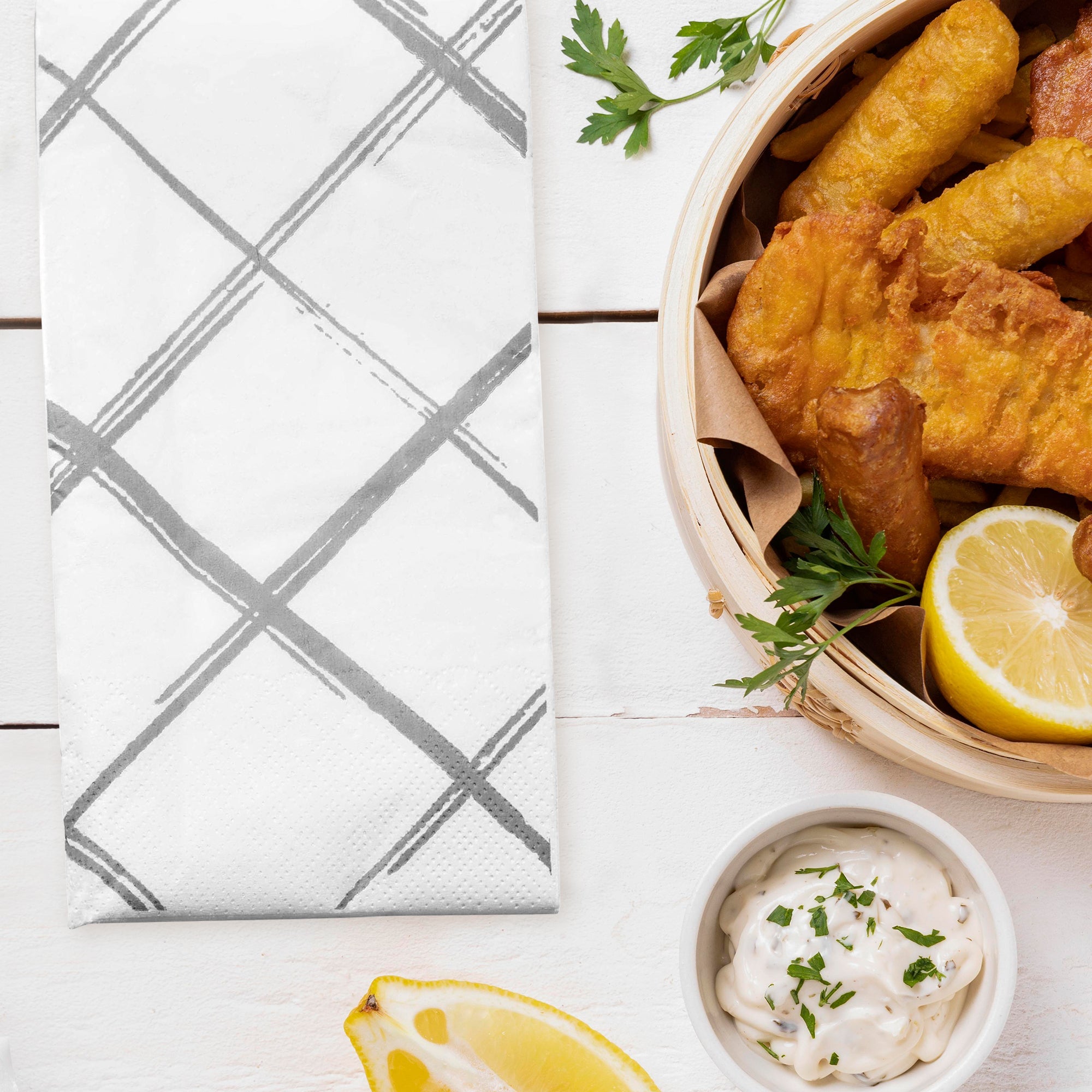 White with Silver Diamond Paper Dinner Napkins