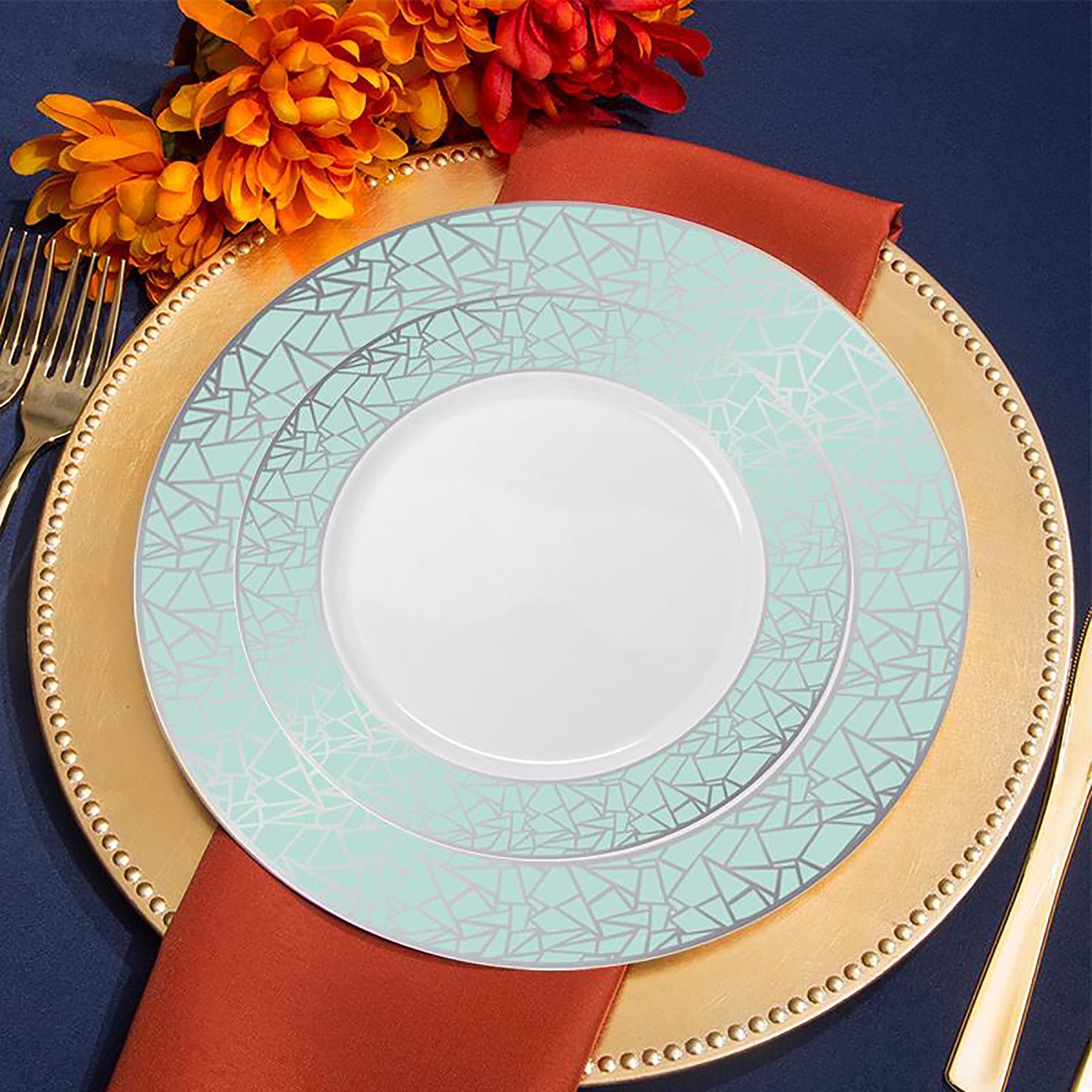 White with Turquoise Blue and Silver Mosaic Rim Round Plastic Appetizer/Salad Plates (7.5")