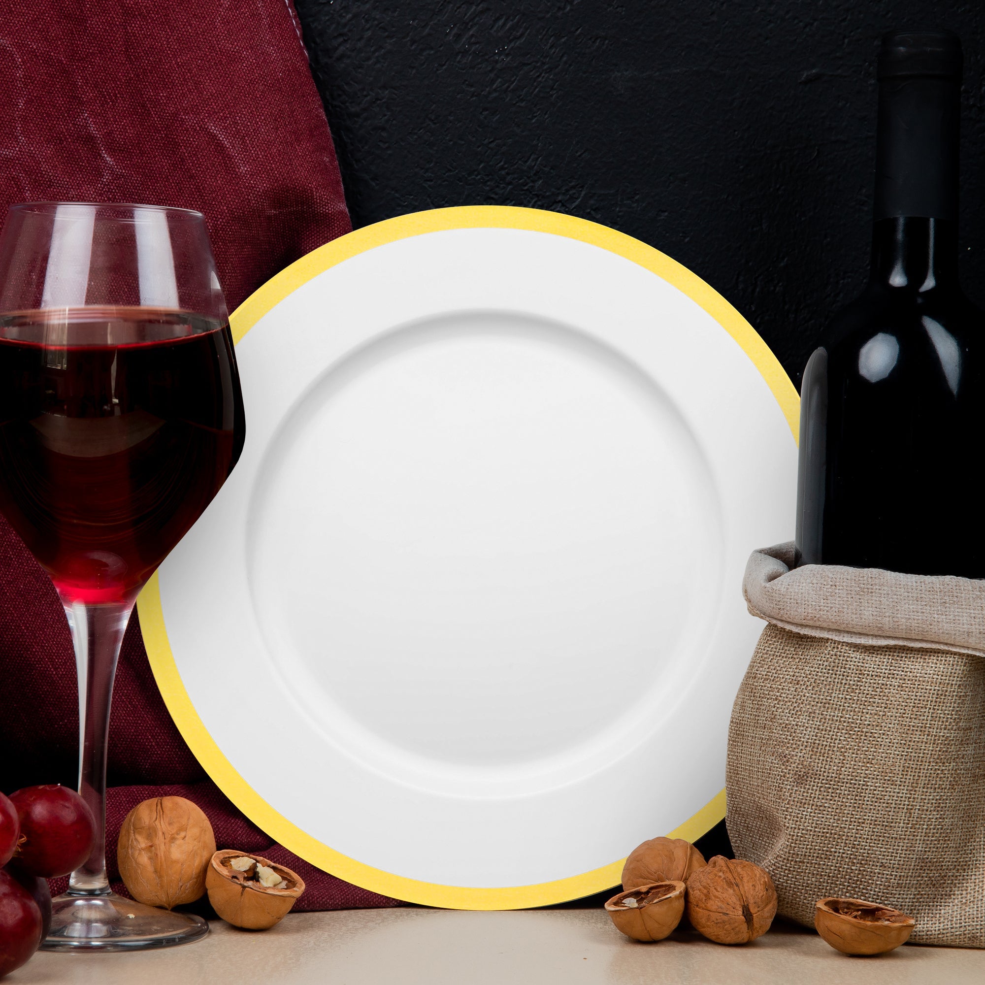 White with Gold Rim Round Disposable Plastic Charger Plates (13")