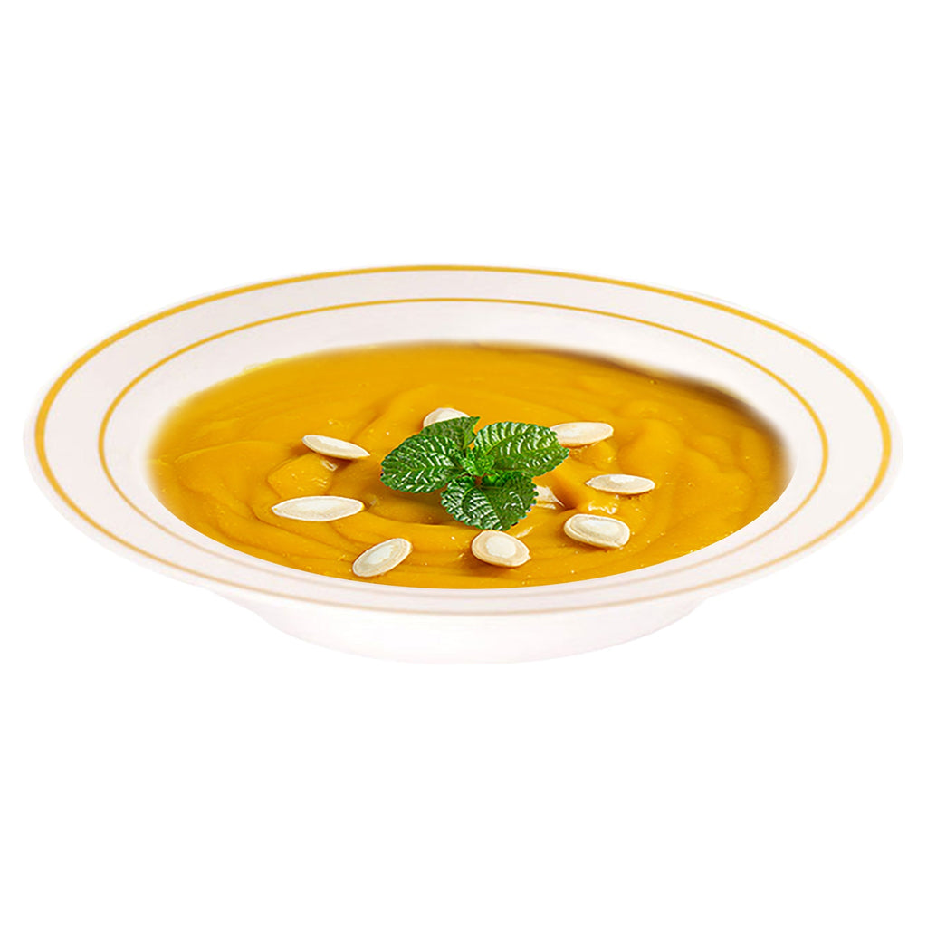 White with Gold Edge Rim Round Disposable Plastic Dessert Bowls (5 oz.)