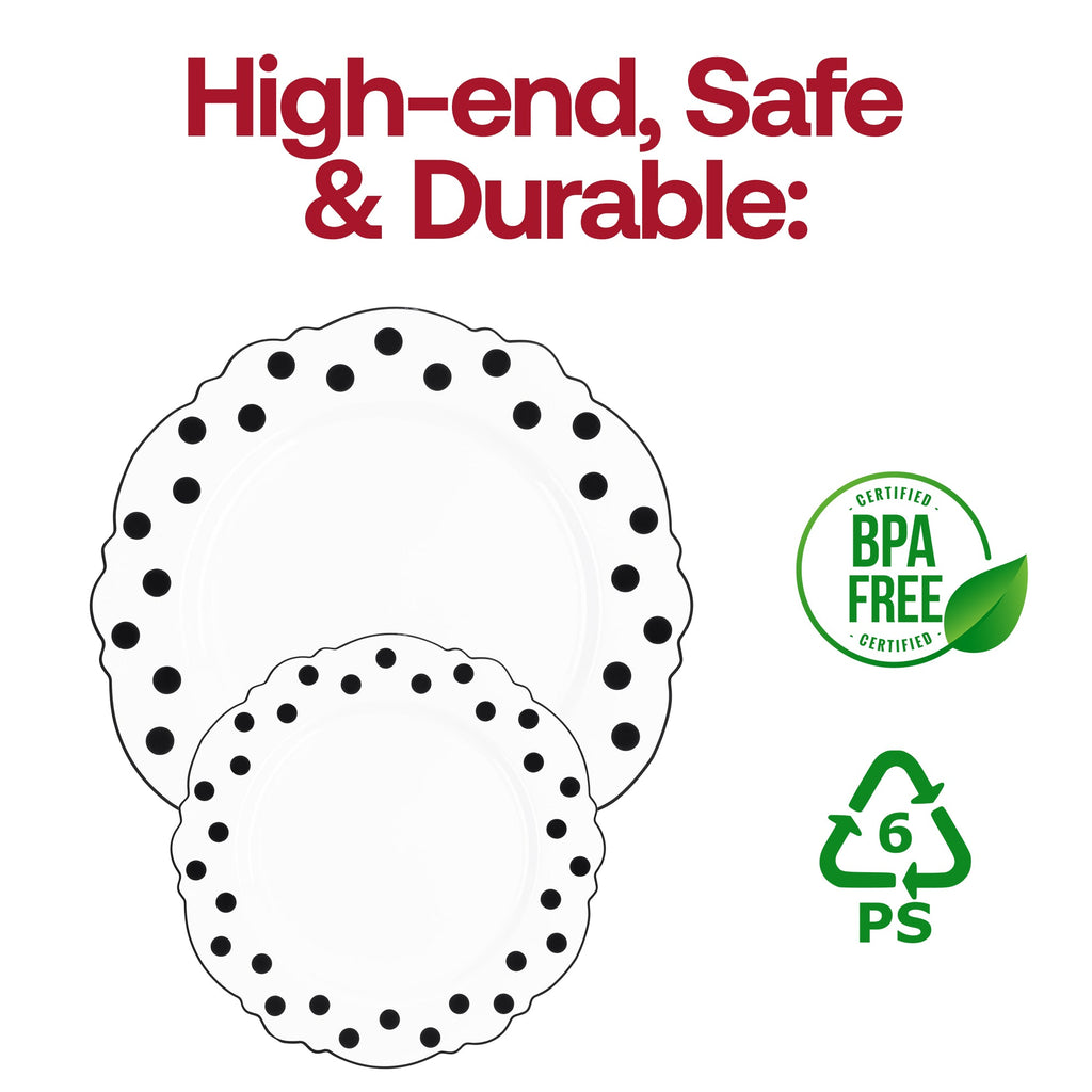 White with Black Dots Round Blossom Disposable Plastic Dinner Plates (10.25")