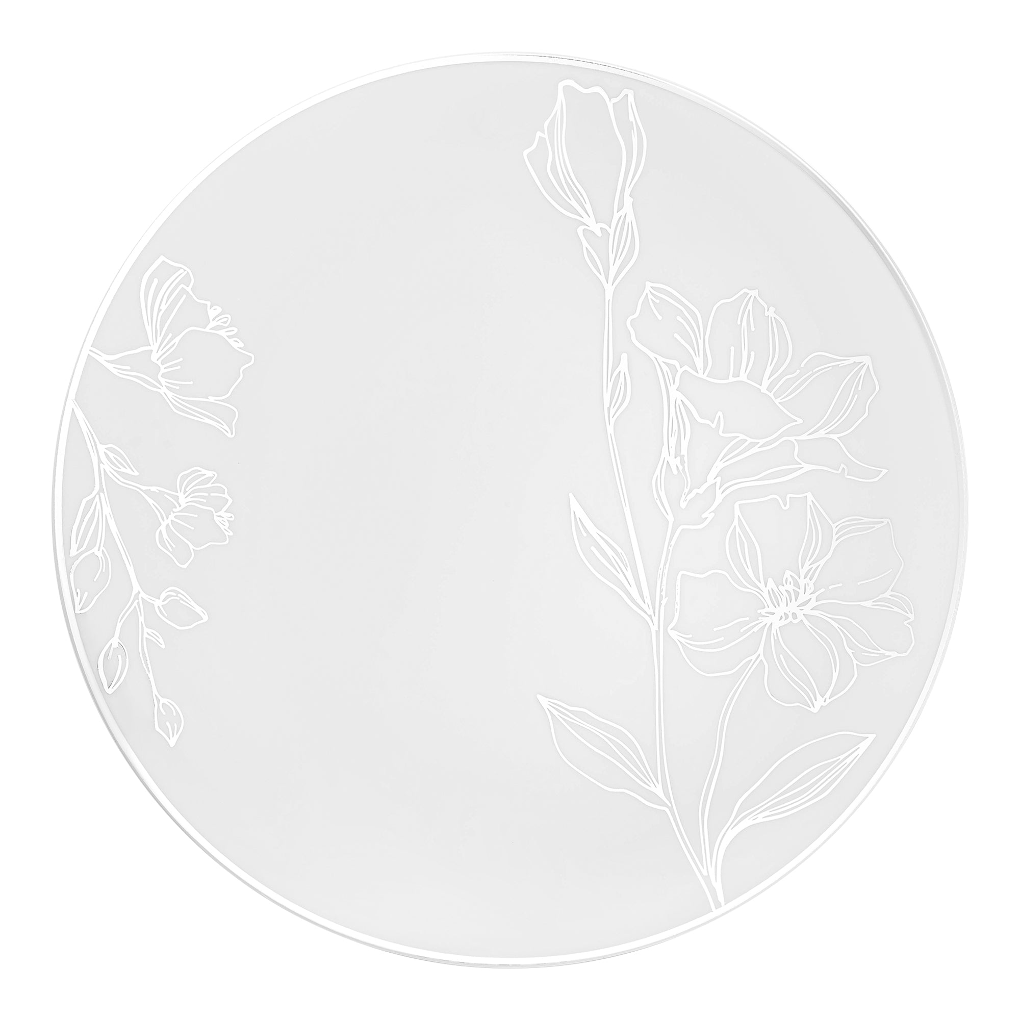 White with Silver Antique Floral Round Disposable Plastic Dinner Plates (10.25")