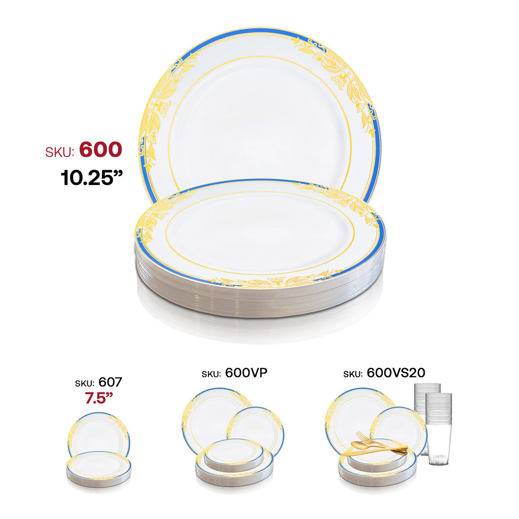 White with Blue and Gold Harmony Rim Plastic Dinner Plates (10.25")