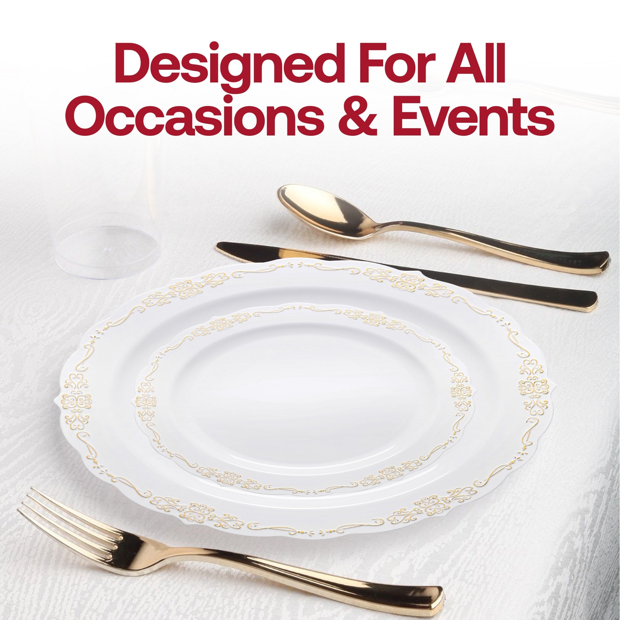 White with Gold Vintage Rim Round Disposable Plastic Dinner Plates (10")