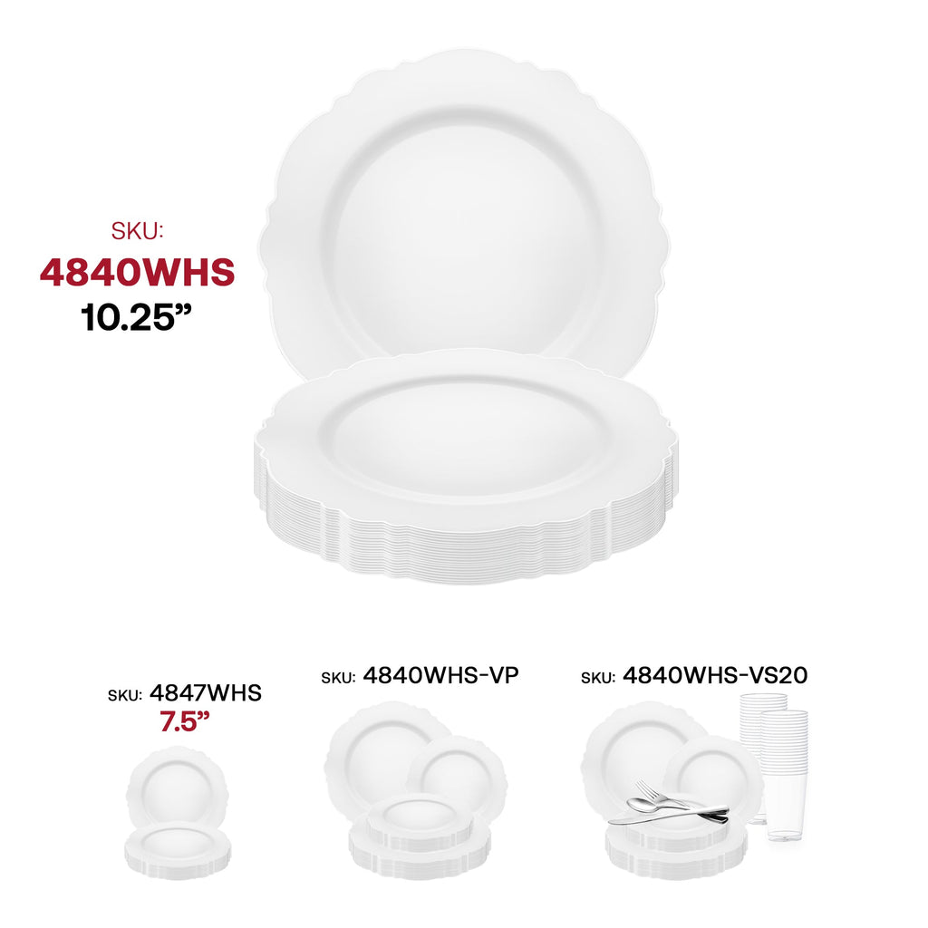 White with Silver Rim Round Blossom Disposable Plastic Dinner Plates (10.25")