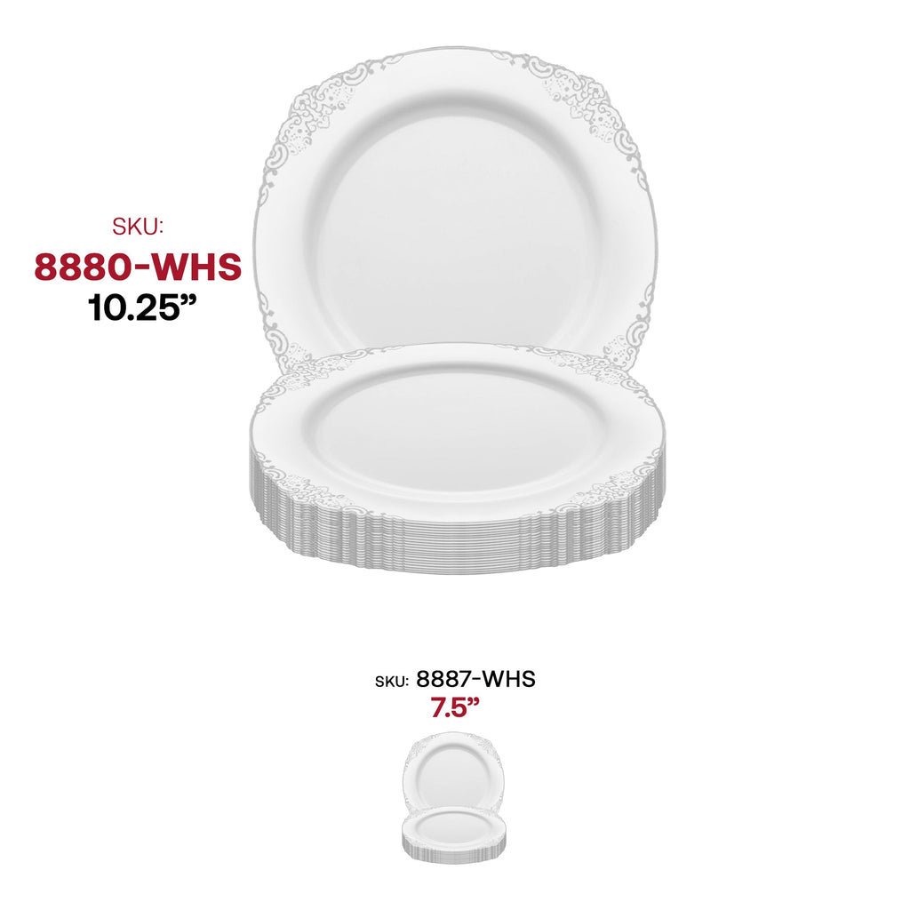 White with Silver Fancy Round Disposable Plastic Dinner Plates (10.25”)