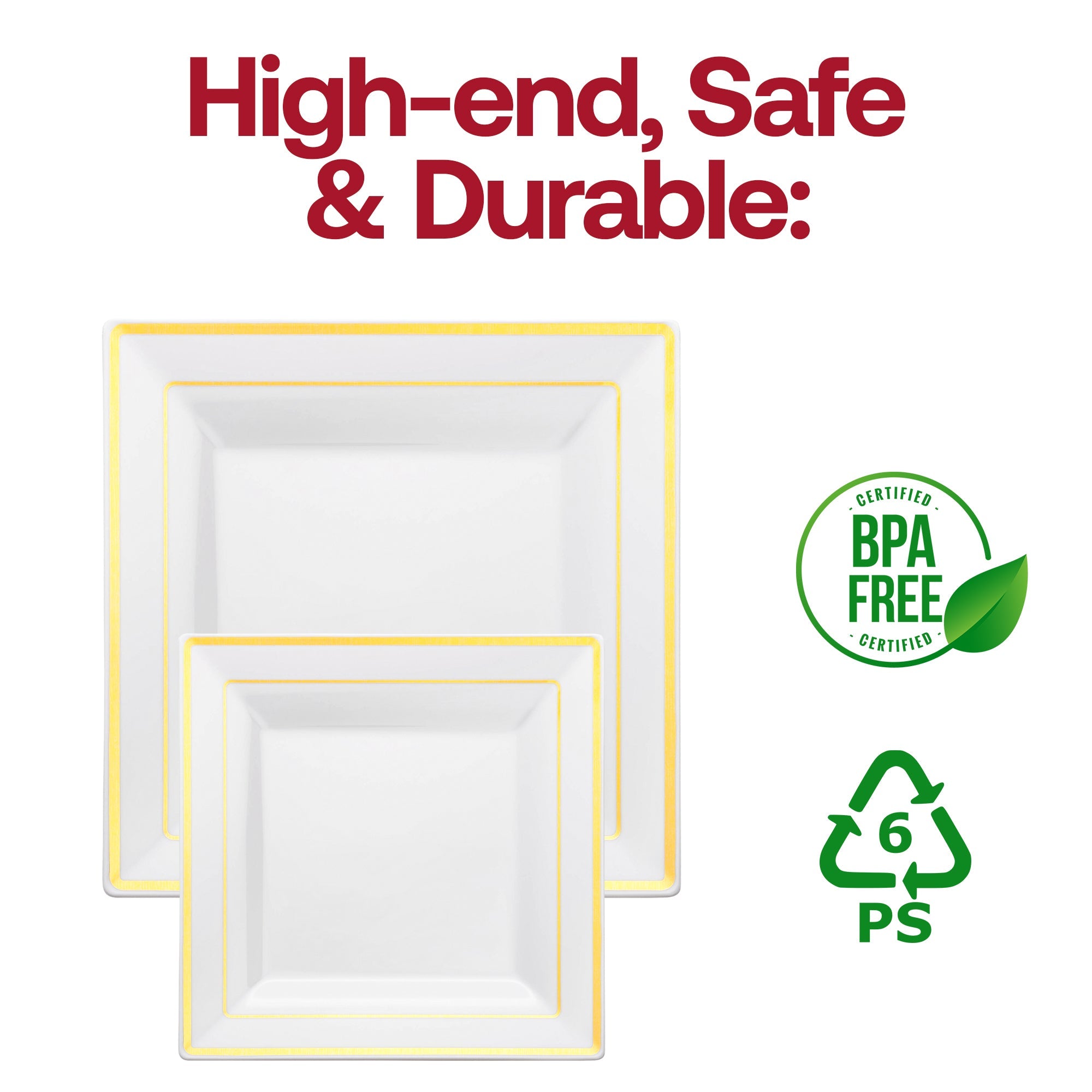 White with Gold Square Edge Rim Plastic Dinner Plates (9.5")