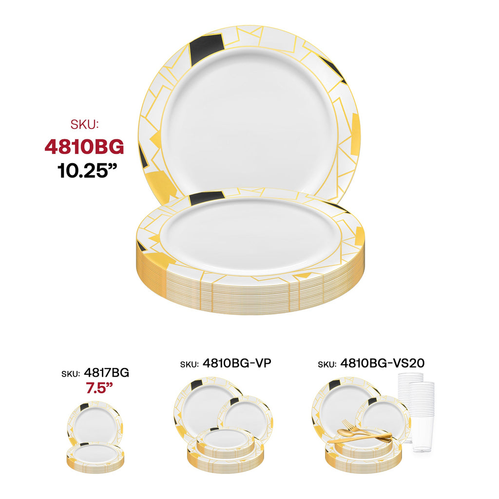 White with Black and Gold Abstract Squares Pattern Round Disposable Plastic Dinner Plates (10.25")