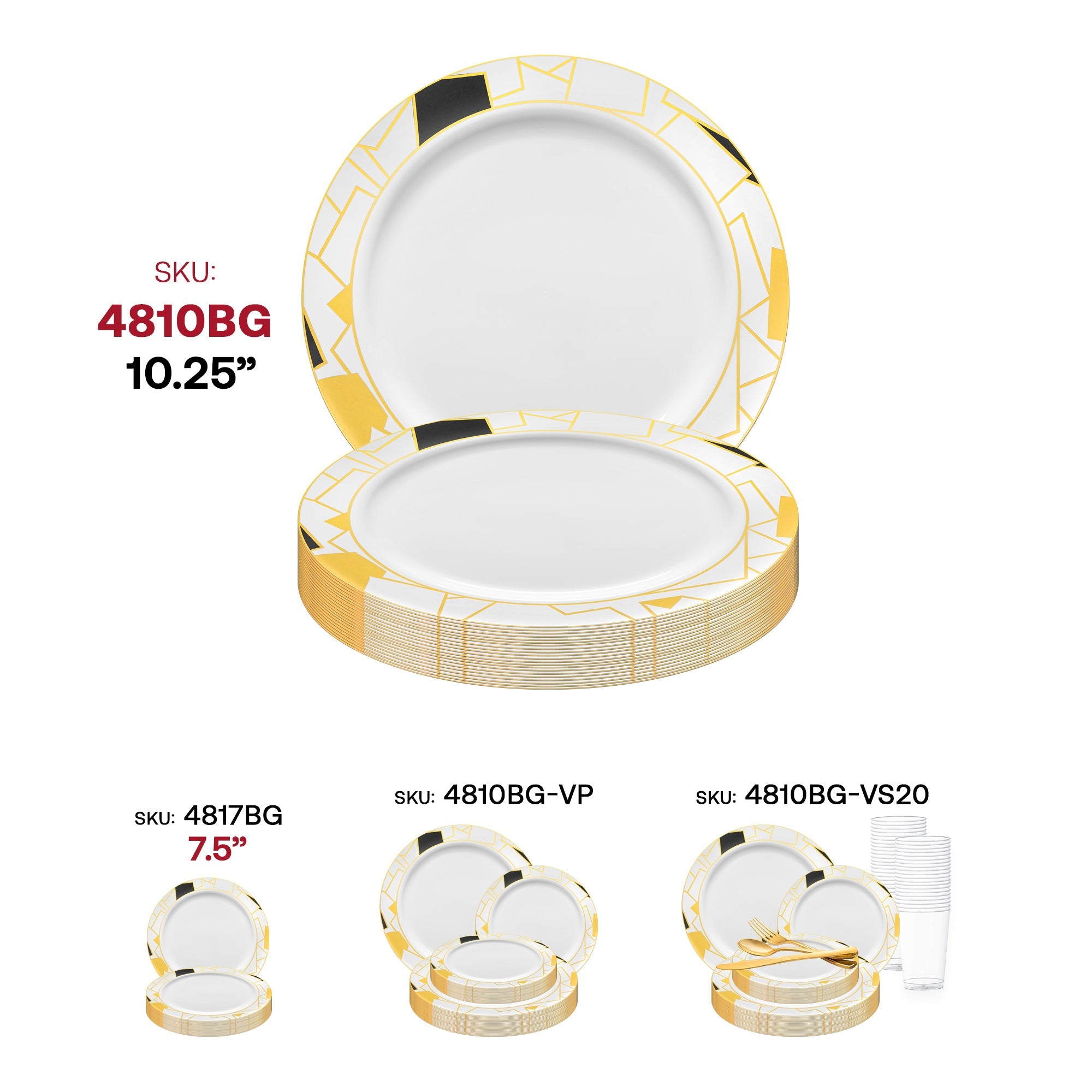White with Black and Gold Abstract Squares Pattern Round Disposable Plastic Dinner Plates (10.25")