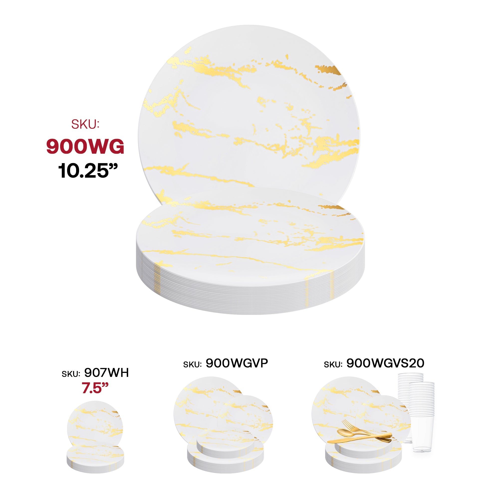 White with Gold Marble Stroke Round Disposable Plastic Dinner Plates (10.25")