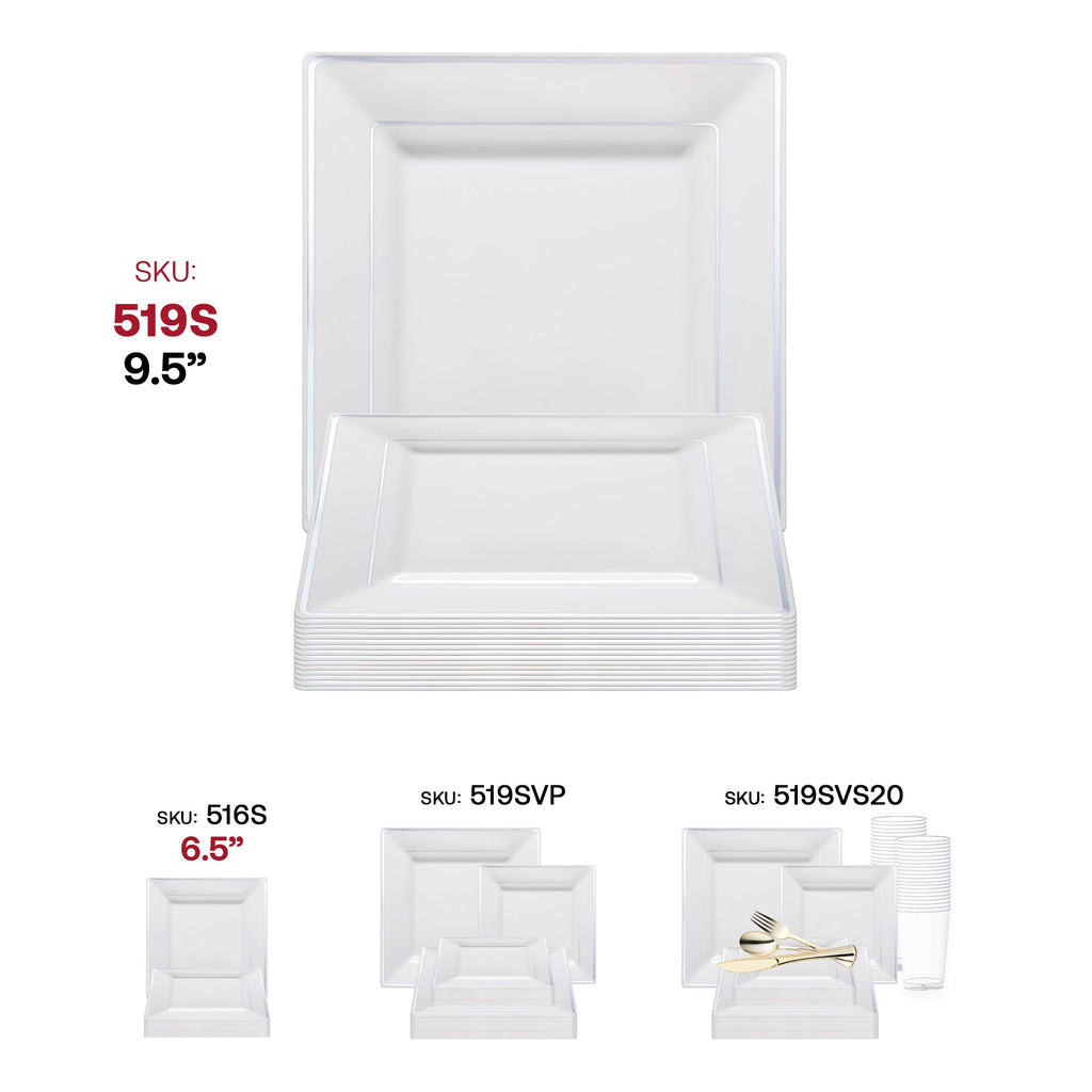 White with Silver Square Edge Rim Plastic Dinner Plates (9.5")