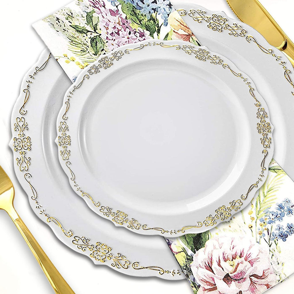 White with Gold Vintage Rim Round Disposable Plastic Appetizer/Salad Plates (7.5")
