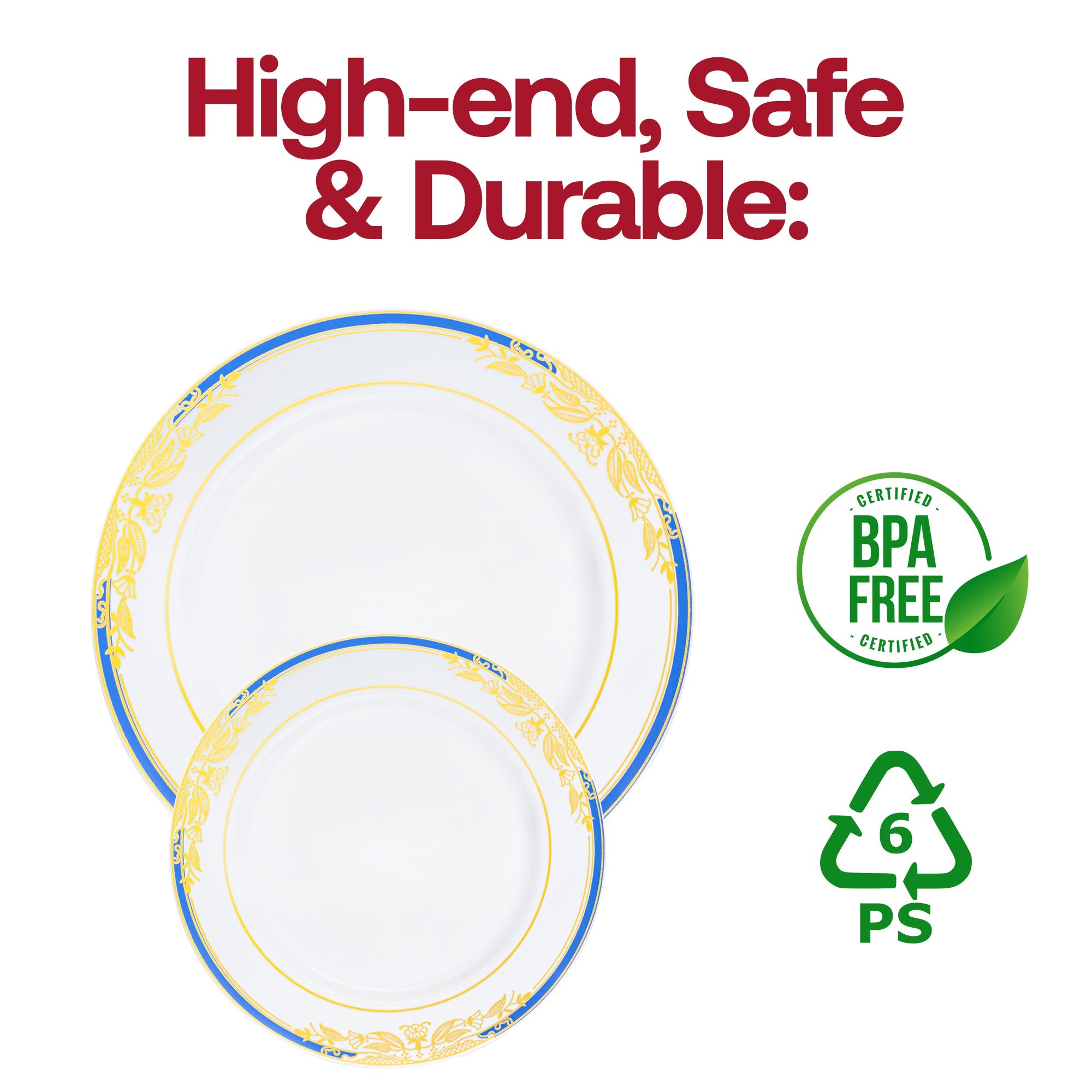 White with Blue and Gold Harmony Rim Plastic Appetizer/Salad Plates (7.5")