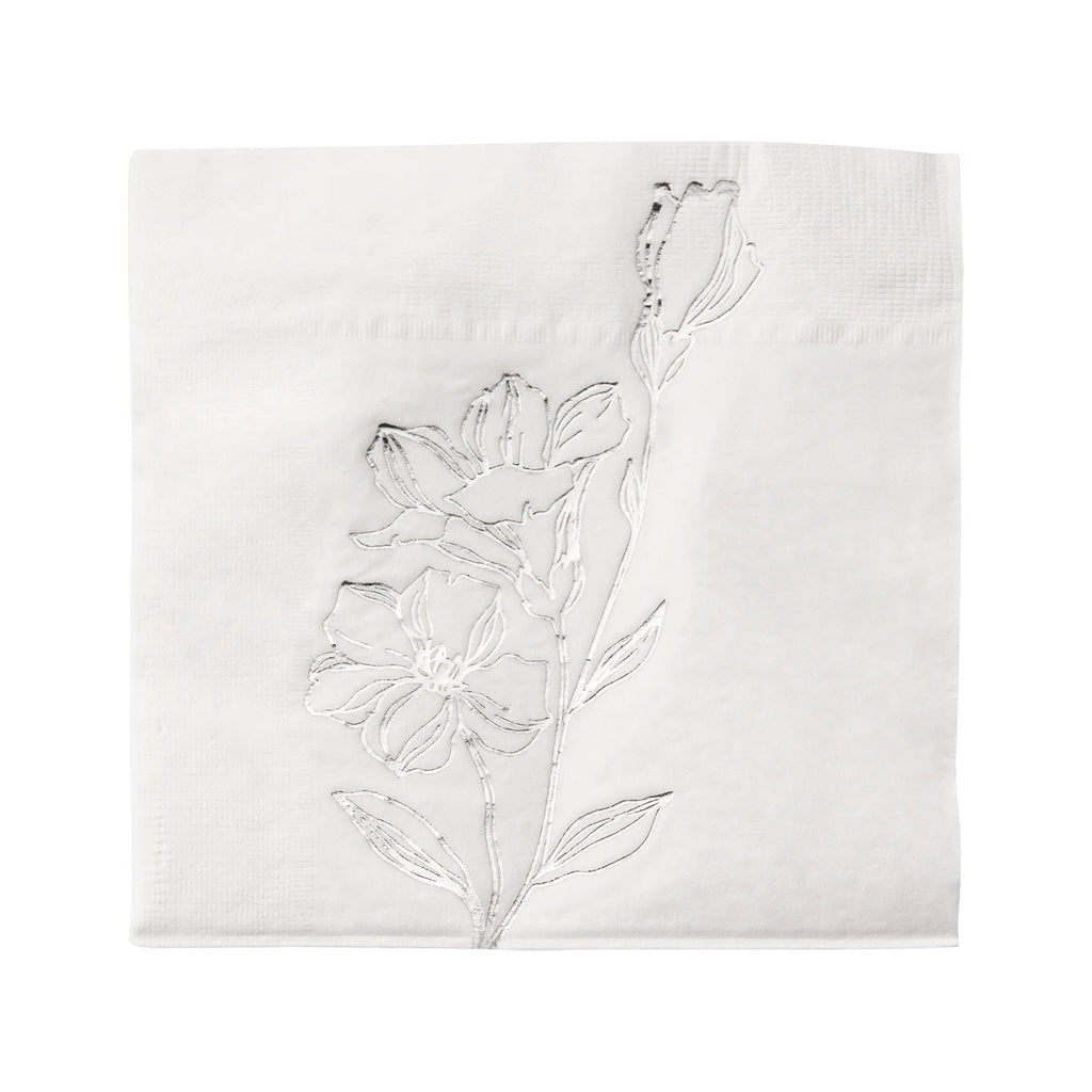 White with Silver Antique Floral Paper Beverage/Cocktail Napkins