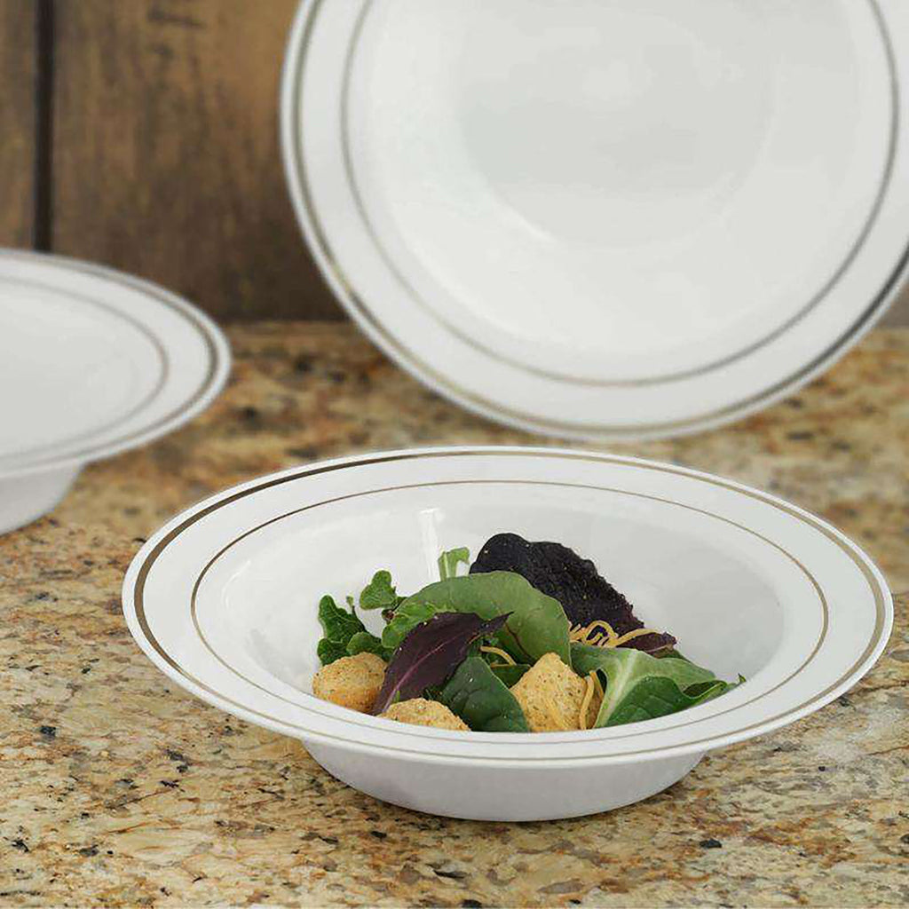 White with Silver Edge Rim Plastic Soup Bowls (12 oz.)
