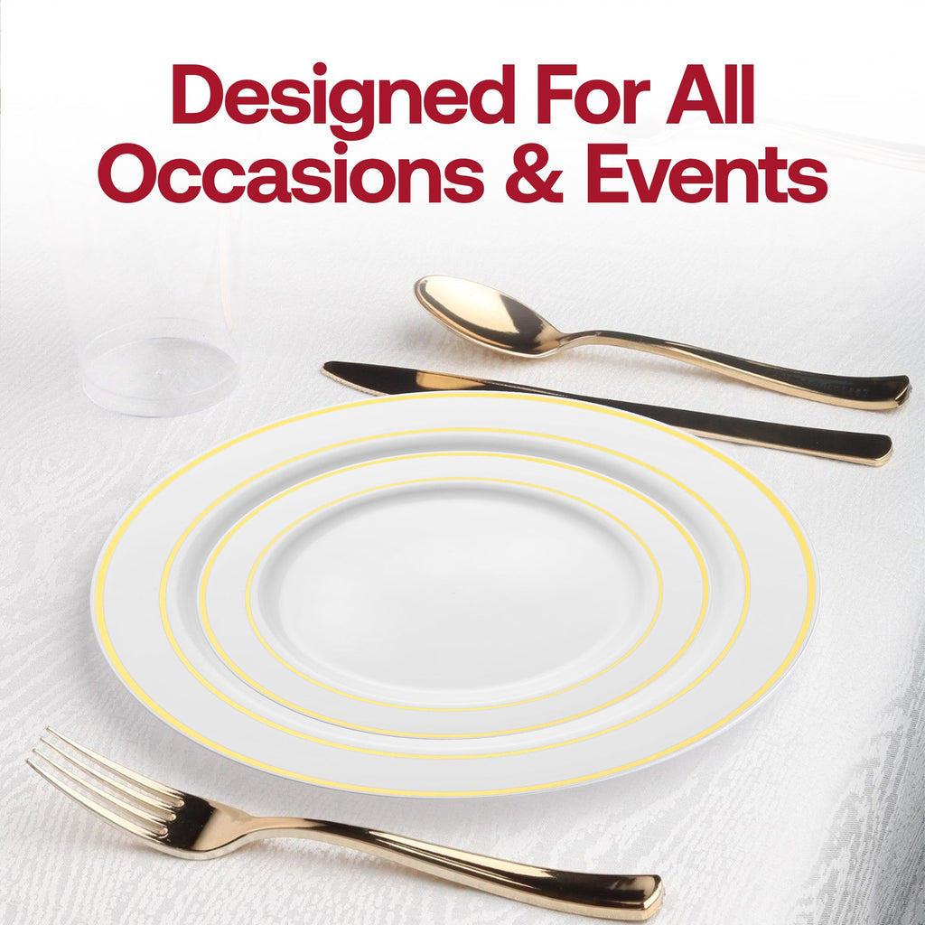 White with Gold Edge Rim Plastic Buffet Plates (9")