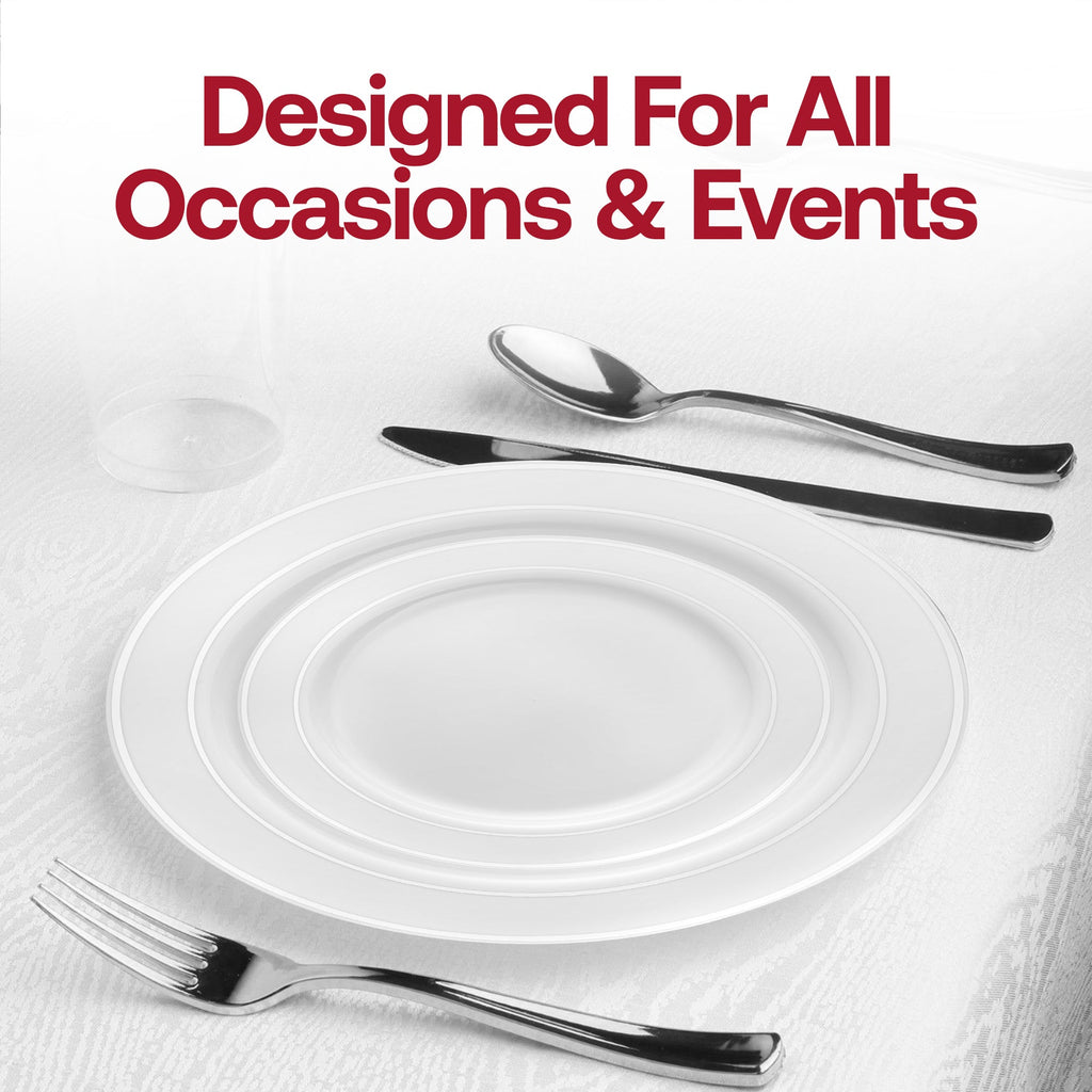 White with Silver Edge Rim Plastic Buffet Plates (9")