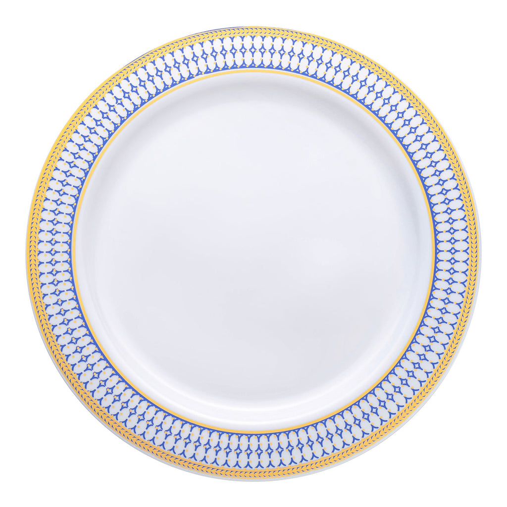 White with Blue and Gold Chord Rim Plastic Dinner Plates (10.25")
