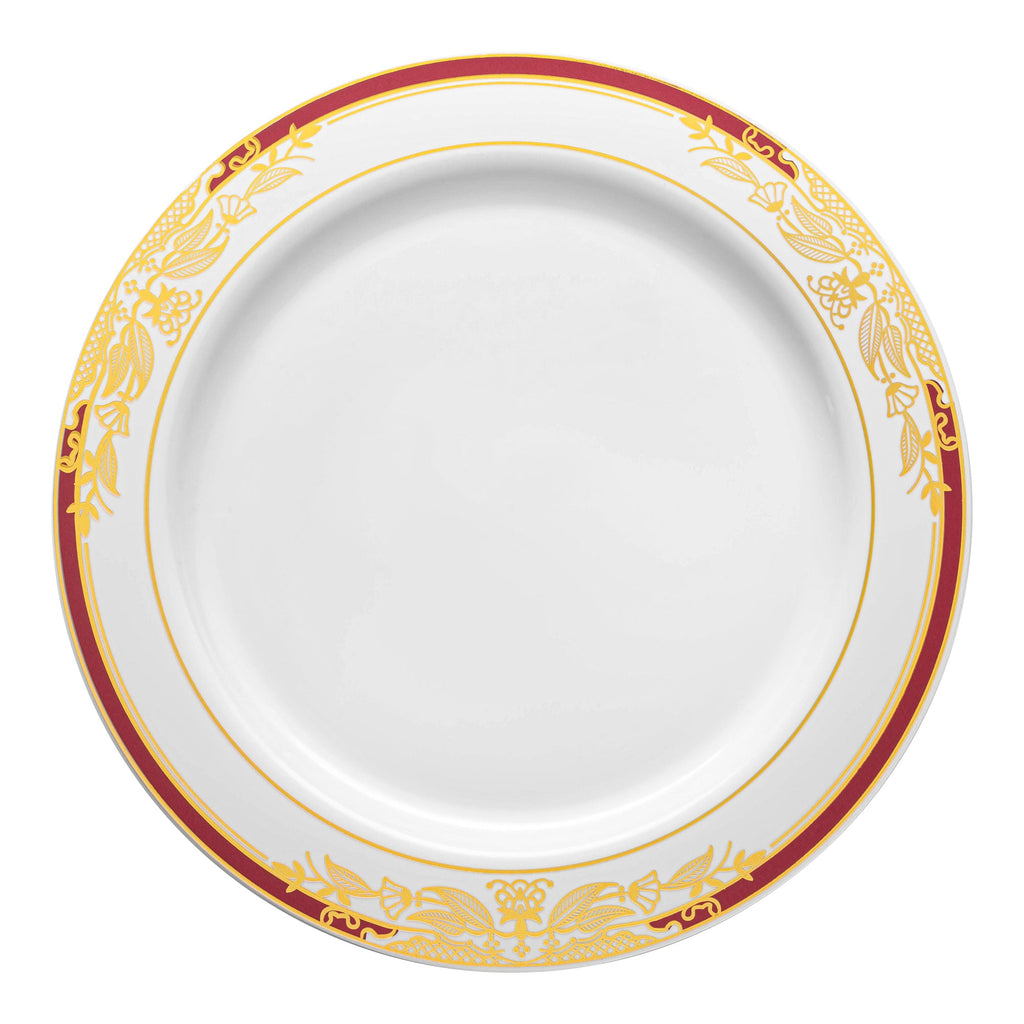 White with Burgundy and Gold Harmony Rim Plastic Dinner Plates (10.25")